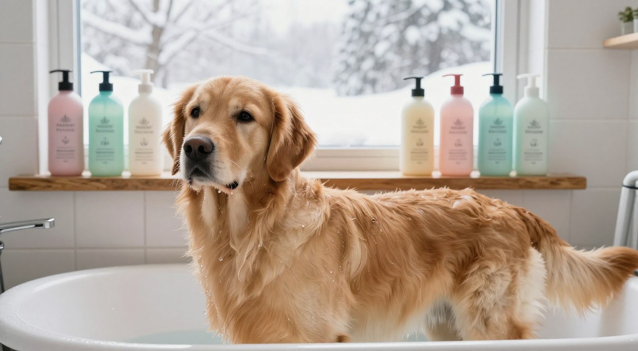 A serene pet grooming scene in a clean, well-lit bathroom. In the foreground, a gentle golden retriever stands in a shallow tub, water droplets glistening on its fur, suggesting a cozy winter bath. The middle ground features an array of luxurious shampoo and conditioner bottles, designed for winter skin, in soft pastel colors with frosty patterns, placed neatly on a vintage wooden shelf. The background shows a large window with soft, diffused natural light filtering in, showcasing a snow-covered landscape outside, creating a calm, soothing atmosphere. Emphasize the warm, inviting environment that highlights the importance of proper care for a dog's coat in winter, focusing on the shiny, healthy texture of the retriever's fur. A serene pet grooming scene in a clean, well-lit bathroom. In the foreground, a gentle golden retriever stands in a shallow tub, water droplets glistening on its fur, suggesting a cozy winter bath. The middle ground features an array of luxurious shampoo and conditioner bottles, designed for winter skin, in soft pastel colors with frosty patterns, placed neatly on a vintage wooden shelf. The background shows a large window with soft, diffused natural light filtering in, showcasing a snow-covered landscape outside, creating a calm, soothing atmosphere. Emphasize the warm, inviting environment that highlights the importance of proper care for a dog's coat in winter, focusing on the shiny, healthy texture of the retriever's fur.