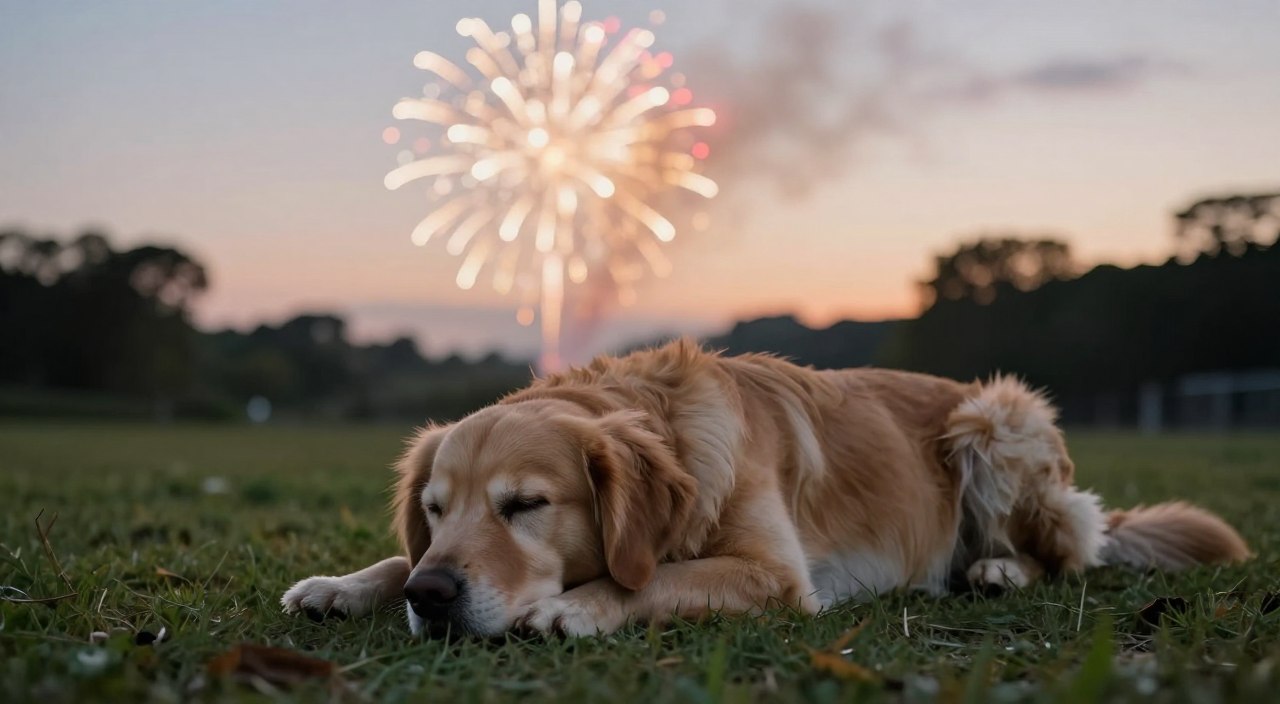 A serene scene depicting a calm dog, a golden retriever, lying peacefully on a soft grass patch during an evening fireworks display. In the foreground, the dog appears relaxed, its head resting on its paws, eyes softly closed. In the middle ground, a gentle explosion of colorful fireworks lights up the sky, creating a warm glow that contrasts with the twilight backdrop. The background features a blurred silhouette of trees, enhancing the tranquil atmosphere. The lighting is soft and natural, capturing the warmth of the fireworks without overwhelming the dog’s serene expression. The overall mood is calm and comforting, emphasizing a sense of safety and coping in the face of loud noises. A serene scene depicting a calm dog, a golden retriever, lying peacefully on a soft grass patch during an evening fireworks display. In the foreground, the dog appears relaxed, its head resting on its paws, eyes softly closed. In the middle ground, a gentle explosion of colorful fireworks lights up the sky, creating a warm glow that contrasts with the twilight backdrop. The background features a blurred silhouette of trees, enhancing the tranquil atmosphere. The lighting is soft and natural, capturing the warmth of the fireworks without overwhelming the dog’s serene expression. The overall mood is calm and comforting, emphasizing a sense of safety and coping in the face of loud noises.