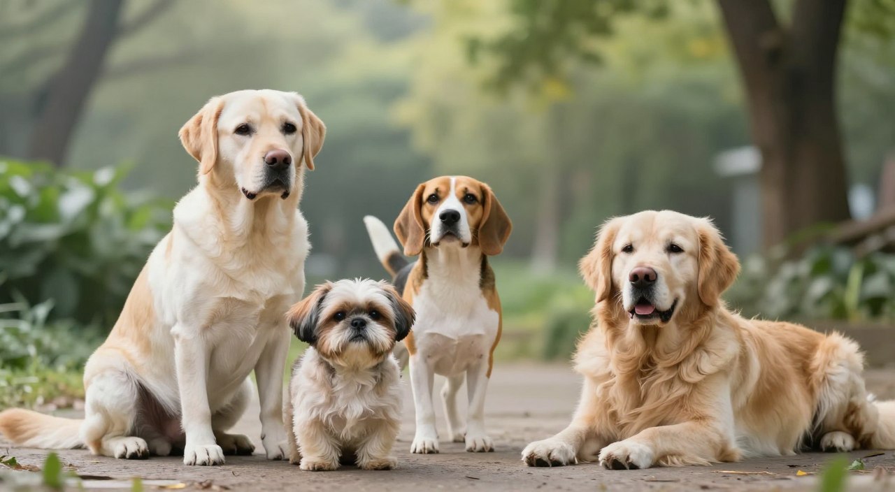A serene scene featuring a variety of real dogs displaying different body language signals in a clean, natural setting. In the foreground, a calm Labrador with relaxed ears and a wagging tail sits beside a cautious Shih Tzu, who has its head slightly lowered and eyes wide. In the middle, a playful Beagle stands with its front paws playfully raised, while a gentle Golden Retriever lays down, showcasing a soft gaze and relaxed posture. In the background, lush greenery and a soft-focus park setting add depth, illuminated by soft morning light filtering through the trees. The overall mood is calm and supportive, emphasizing trust and understanding in canine communication. A serene scene featuring a variety of real dogs displaying different body language signals in a clean, natural setting. In the foreground, a calm Labrador with relaxed ears and a wagging tail sits beside a cautious Shih Tzu, who has its head slightly lowered and eyes wide. In the middle, a playful Beagle stands with its front paws playfully raised, while a gentle Golden Retriever lays down, showcasing a soft gaze and relaxed posture. In the background, lush greenery and a soft-focus park setting add depth, illuminated by soft morning light filtering through the trees. The overall mood is calm and supportive, emphasizing trust and understanding in canine communication.