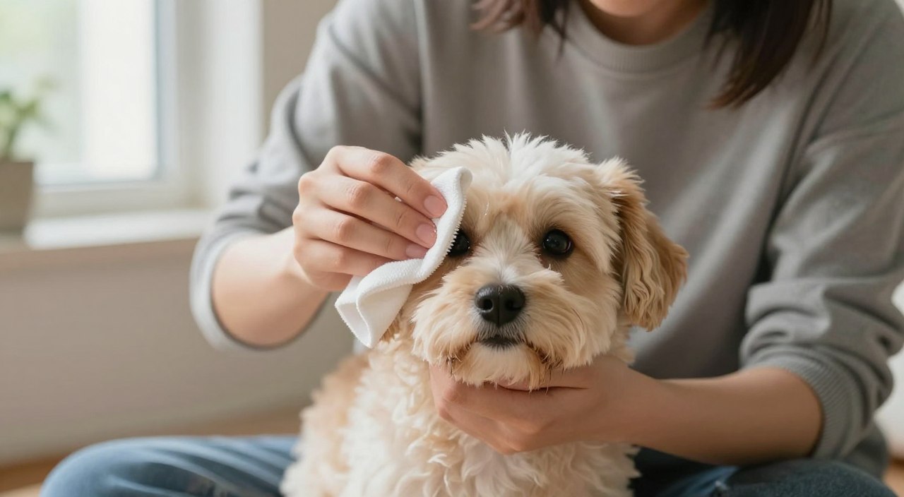 A serene setting featuring a small, fluffy dog being gently held by a caring person with modest casual clothing. The foreground captures the dog's radiant, soulful eyes as they are being cleaned with a soft, damp cloth. The middle ground shows the person's hand delicately wiping away any discharge, demonstrating a gentle technique. Soft, natural lighting streams in from a nearby window, creating a warm and soothing atmosphere. The background includes subtle hints of a clean, tidy home environment, complementing the calm mood of the scene. The focus is entirely on the interaction between the dog and the caretaker, emphasizing compassion and care in the eye-cleaning process.