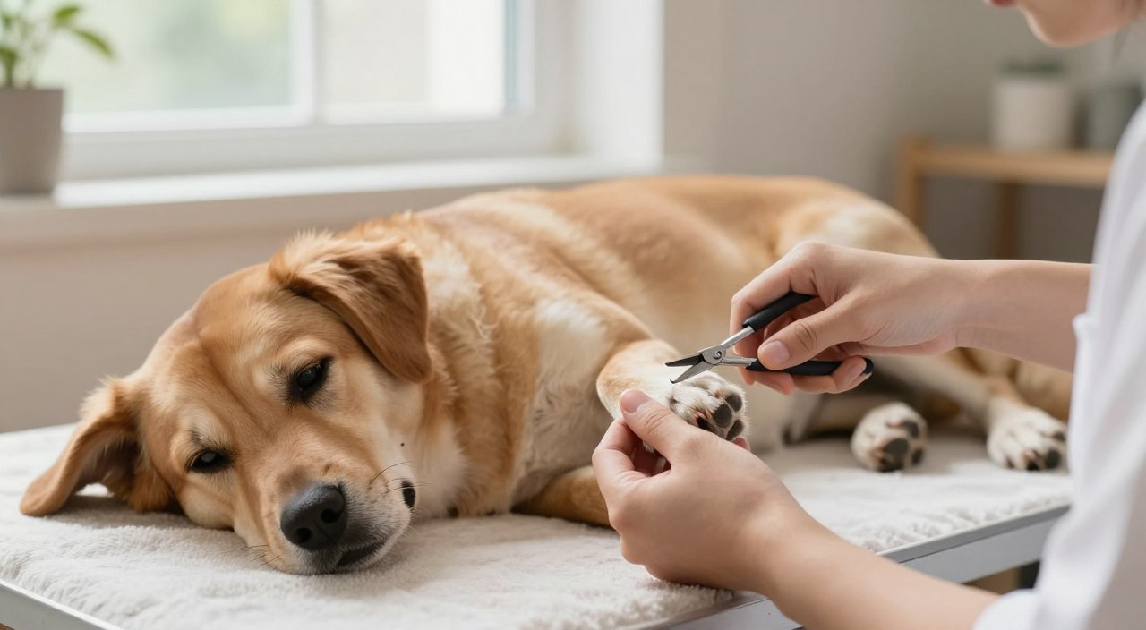 A serene setting in a well-lit room featuring a calm dog comfortably lying down on a soft, clean surface while a gentle, professional groomer carefully trims its nails. In the foreground, the groomer's hands are visible, showcasing a pair of dog nail clippers, demonstrating a caring and methodical approach. The dog's expression is relaxed, reflecting trust and reassurance. The middle ground reveals a peaceful atmosphere with soft natural light filtering through a nearby window, highlighting the tranquility of the moment. The background includes minimalistic pet grooming tools and a soothing, neutral-colored environment that communicates a stress-free grooming experience. The overall mood is soothing and professional, perfect for promoting a relaxing nail trimming session. No text or distractions are present. A serene setting in a well-lit room featuring a calm dog comfortably lying down on a soft, clean surface while a gentle, professional groomer carefully trims its nails. In the foreground, the groomer's hands are visible, showcasing a pair of dog nail clippers, demonstrating a caring and methodical approach. The dog's expression is relaxed, reflecting trust and reassurance. The middle ground reveals a peaceful atmosphere with soft natural light filtering through a nearby window, highlighting the tranquility of the moment. The background includes minimalistic pet grooming tools and a soothing, neutral-colored environment that communicates a stress-free grooming experience. The overall mood is soothing and professional, perfect for promoting a relaxing nail trimming session. No text or distractions are present.
