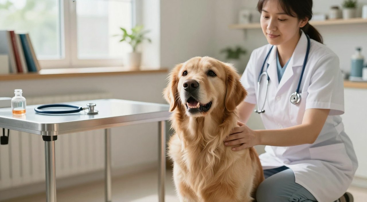 A serene veterinary examination room, bathed in soft, natural light filtering through a window, showcasing a calm atmosphere. In the foreground, a gentle veterinarian in modest casual clothing kneels beside a worried dog, a medium-sized golden retriever, placing a reassuring hand on its shoulder. The dog looks up, with large, expressive eyes reflecting uncertainty. In the middle, a clean examination table is equipped with medical tools and a stethoscope, emphasizing the health-check theme. In the background, shelves are lined with pet care books and calming decor, enhancing the tranquil environment. The overall mood is comforting and professional, conveying the importance of ruling out pain and health problems in a pet's excessive barking. A serene veterinary examination room, bathed in soft, natural light filtering through a window, showcasing a calm atmosphere. In the foreground, a gentle veterinarian in modest casual clothing kneels beside a worried dog, a medium-sized golden retriever, placing a reassuring hand on its shoulder. The dog looks up, with large, expressive eyes reflecting uncertainty. In the middle, a clean examination table is equipped with medical tools and a stethoscope, emphasizing the health-check theme. In the background, shelves are lined with pet care books and calming decor, enhancing the tranquil environment. The overall mood is comforting and professional, conveying the importance of ruling out pain and health problems in a pet's excessive barking.