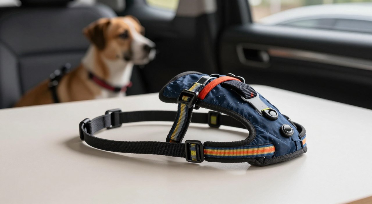 A well-fitted, colorful dog harness lies on a clean, neutral-colored surface, with soft, natural light illuminating it from one side, creating gentle shadows. In the background, slightly blurred, there's a serene indoor scene showcasing a cozy car interior, emphasizing a safe and comfortable environment for dog travel. The harness features reflective strips and is designed for a medium-sized dog, showcasing sturdy buckles and adjustable straps. The atmosphere is calm and inviting, reflecting safety and security for both dogs and their owners. The angle is a close-up, focusing on the details of the harness while subtly hinting at its purpose in the context of dog car rides, without any distractions or text. A well-fitted, colorful dog harness lies on a clean, neutral-colored surface, with soft, natural light illuminating it from one side, creating gentle shadows. In the background, slightly blurred, there's a serene indoor scene showcasing a cozy car interior, emphasizing a safe and comfortable environment for dog travel. The harness features reflective strips and is designed for a medium-sized dog, showcasing sturdy buckles and adjustable straps. The atmosphere is calm and inviting, reflecting safety and security for both dogs and their owners. The angle is a close-up, focusing on the details of the harness while subtly hinting at its purpose in the context of dog car rides, without any distractions or text.