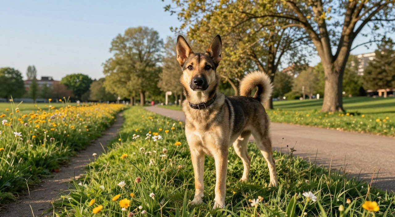 A well-groomed dog stands confidently in a serene park setting, embodying readiness for off-leash training. In the foreground, the dog is alert and engaged, ears perked up, with a collar that hints at familiarity and comfort. The middle ground features a gently winding path bordered by lush green grass and vibrant wildflowers, evoking a sense of openness and adventure. In the background, tall trees sway gently in a soft breeze under a clear blue sky, bathing the scene in warm, natural light. The atmosphere is calm and inviting, conveying a sense of readiness and freedom, perfect for illustrating a dog's preparation for off-leash walks. The composition is captured from a low angle, emphasizing the dog's stature and the beauty of its surroundings. A well-groomed dog stands confidently in a serene park setting, embodying readiness for off-leash training. In the foreground, the dog is alert and engaged, ears perked up, with a collar that hints at familiarity and comfort. The middle ground features a gently winding path bordered by lush green grass and vibrant wildflowers, evoking a sense of openness and adventure. In the background, tall trees sway gently in a soft breeze under a clear blue sky, bathing the scene in warm, natural light. The atmosphere is calm and inviting, conveying a sense of readiness and freedom, perfect for illustrating a dog's preparation for off-leash walks. The composition is captured from a low angle, emphasizing the dog's stature and the beauty of its surroundings.