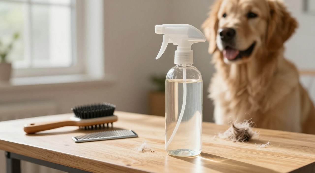 A beautifully arranged scene featuring a bottle of detangling spray placed prominently in the foreground, on a clean wooden grooming table. The spray bottle, with a sleek, modern design, is filled with a light, transparent liquid, reflecting natural sunlight pouring in from a nearby window. In the middle ground, tools for grooming such as a slicker brush and comb are subtly displayed, hinting at their use in detangling matted dog hair. In the background, a calm, friendly dog—perhaps a golden retriever or a poodle—sits patiently, showcasing its fluffy, slightly matted fur. The atmosphere is serene and relaxed, with soft, warm lighting creating an inviting ambiance. The overall focus remains on the detangling spray and its role in the grooming process, highlighting the importance of safe and gentle care for pets. A beautifully arranged scene featuring a bottle of detangling spray placed prominently in the foreground, on a clean wooden grooming table. The spray bottle, with a sleek, modern design, is filled with a light, transparent liquid, reflecting natural sunlight pouring in from a nearby window. In the middle ground, tools for grooming such as a slicker brush and comb are subtly displayed, hinting at their use in detangling matted dog hair. In the background, a calm, friendly dog—perhaps a golden retriever or a poodle—sits patiently, showcasing its fluffy, slightly matted fur. The atmosphere is serene and relaxed, with soft, warm lighting creating an inviting ambiance. The overall focus remains on the detangling spray and its role in the grooming process, highlighting the importance of safe and gentle care for pets.