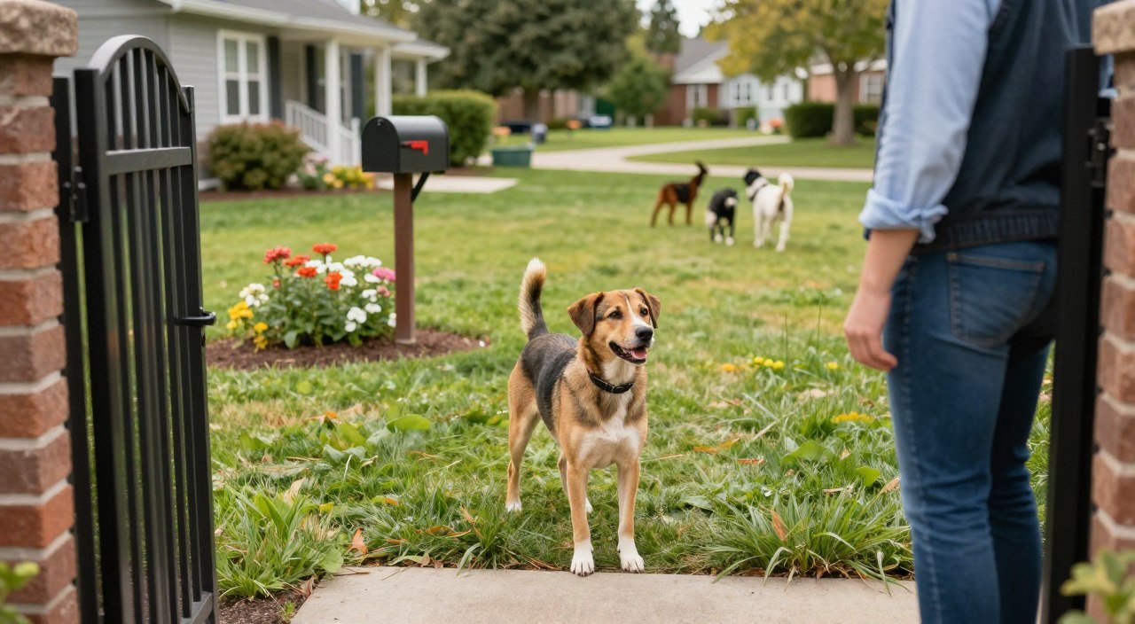 A calm and inviting neighborhood scene, focusing on a friendly dog standing on a well-kept lawn, observing a visitor at the front gate. In the foreground, a medium-sized dog with a calm demeanor gazes curiously at a person dressed in casual yet professional clothing, smiling reassuringly. In the middle ground, a mailbox and flower beds add a touch of homey charm, while a distant view of other dogs playing amicably in a park can be seen, contributing to the sense of community. Soft natural lighting bathes the scene, creating a warm and peaceful atmosphere. The angle is slightly elevated, capturing both the dog and the visitor in a heartwarming interaction, evoking feelings of safety and comfort.