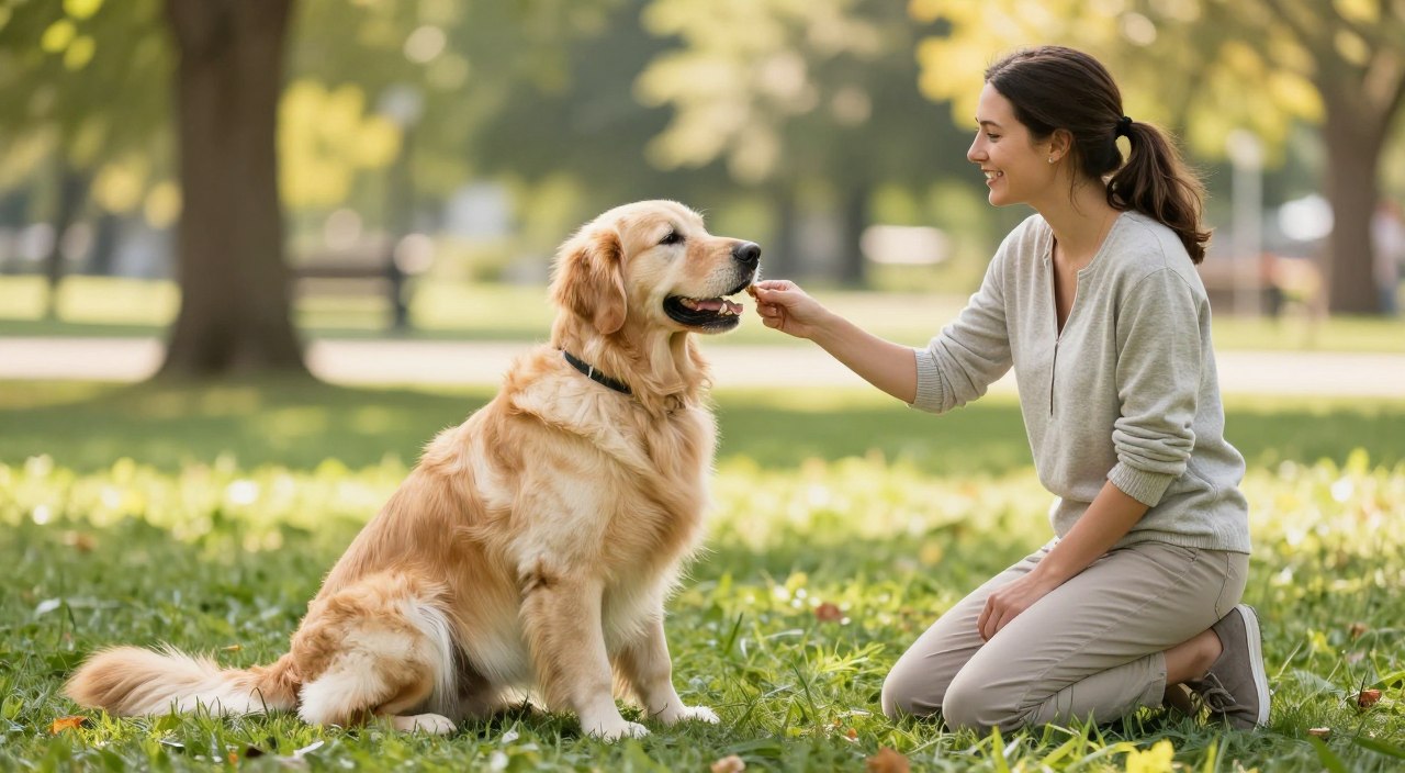 A calm scene depicting positive reinforcement training with a friendly Golden Retriever sitting attentively in front of a smiling trainer. The trainer, a woman in comfortable, modest casual clothing, is kneeling on the grass, offering a small treat to the dog. The foreground features the eager dog with its tail wagging, showcasing a joyful expression. In the middle ground, the trainer is engaging with the dog using gentle body language, emphasizing a supportive atmosphere. The background reveals a sunny park setting with green trees and soft sunlight filtering through the leaves, creating a warm and inviting ambiance. The mood is peaceful and encouraging, highlighting the bond formed through positive training methods. There are no distractions or text elements in the image. A calm scene depicting positive reinforcement training with a friendly Golden Retriever sitting attentively in front of a smiling trainer. The trainer, a woman in comfortable, modest casual clothing, is kneeling on the grass, offering a small treat to the dog. The foreground features the eager dog with its tail wagging, showcasing a joyful expression. In the middle ground, the trainer is engaging with the dog using gentle body language, emphasizing a supportive atmosphere. The background reveals a sunny park setting with green trees and soft sunlight filtering through the leaves, creating a warm and inviting ambiance. The mood is peaceful and encouraging, highlighting the bond formed through positive training methods. There are no distractions or text elements in the image.