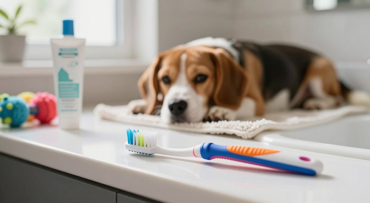 A clean, cozy bathroom setting with soft, natural light streaming through a window illuminates a vivid, close-up view of a dog toothbrush placed on a white countertop. The toothbrush features vibrant colors, soft bristles designed specifically for dogs, and a textured grip. In the background, a playful beagle lies contentedly on a fluffy bath mat, creating a serene atmosphere. Surrounding elements include a bottle of dog-friendly toothpaste and a few colorful tug toys neatly arranged on the edge of the sink. The overall composition conveys a calm and inviting mood, emphasizing a stress-free environment for dog dental care. The image has a shallow depth of field, focusing on the toothbrush while subtly blurring the background elements to draw attention to the supplies and setup. A clean, cozy bathroom setting with soft, natural light streaming through a window illuminates a vivid, close-up view of a dog toothbrush placed on a white countertop. The toothbrush features vibrant colors, soft bristles designed specifically for dogs, and a textured grip. In the background, a playful beagle lies contentedly on a fluffy bath mat, creating a serene atmosphere. Surrounding elements include a bottle of dog-friendly toothpaste and a few colorful tug toys neatly arranged on the edge of the sink. The overall composition conveys a calm and inviting mood, emphasizing a stress-free environment for dog dental care. The image has a shallow depth of field, focusing on the toothbrush while subtly blurring the background elements to draw attention to the supplies and setup.