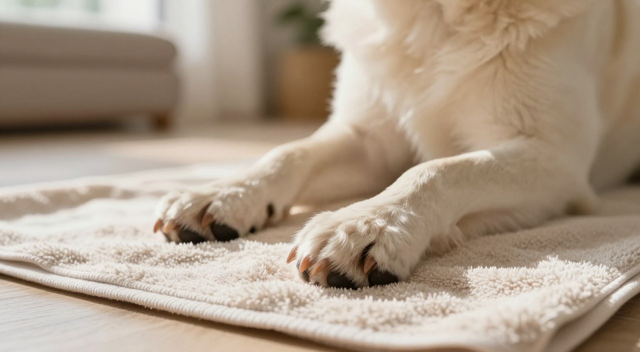 A close-up image of a clean dog's paws resting on a soft, clean towel, surrounded by a serene, natural light setting. The foreground features the dog's paws prominently, showcasing the texture of the fur and the cleanliness after a wash. In the middle ground, a hint of a peaceful indoor space—perhaps a cozy living room—can be seen, with soft, neutral colors that enhance the calm mood. The background is softly blurred, suggesting a simple, tidy atmosphere without distractions. The lighting is warm and inviting, casting gentle shadows that emphasize the softness of the towel and the dog's paws. This image captures a moment of care and cleanliness, perfect for illustrating the topic of keeping dog paws clean and comfortable. A close-up image of a clean dog's paws resting on a soft, clean towel, surrounded by a serene, natural light setting. The foreground features the dog's paws prominently, showcasing the texture of the fur and the cleanliness after a wash. In the middle ground, a hint of a peaceful indoor space—perhaps a cozy living room—can be seen, with soft, neutral colors that enhance the calm mood. The background is softly blurred, suggesting a simple, tidy atmosphere without distractions. The lighting is warm and inviting, casting gentle shadows that emphasize the softness of the towel and the dog's paws. This image captures a moment of care and cleanliness, perfect for illustrating the topic of keeping dog paws clean and comfortable.