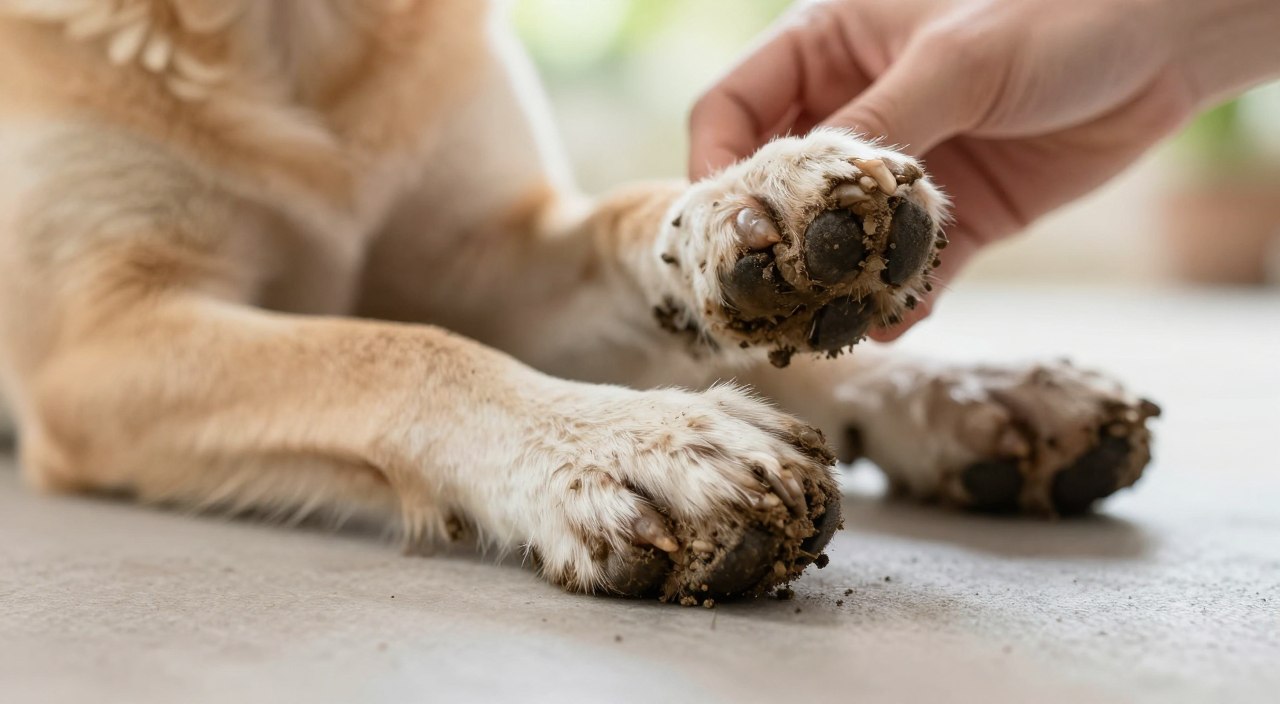 A close-up image of a dog's muddy paws resting on a clean, neutral surface, showcasing the details of the fur and paw pads. The foreground highlights the texture of the mud clinging to the paws, with individual dirt particles visible. In the middle ground, a blurred hand gently lifts one paw, indicating careful inspection, while the background remains soft and unobtrusive, featuring a softly lit environment to emphasize a calm and clean atmosphere. Natural daylight filters in, creating a warm glow that enhances the scene. The mood should feel serene and focused, conveying the importance of checking the dog's paws before cleaning. A close-up image of a dog's muddy paws resting on a clean, neutral surface, showcasing the details of the fur and paw pads. The foreground highlights the texture of the mud clinging to the paws, with individual dirt particles visible. In the middle ground, a blurred hand gently lifts one paw, indicating careful inspection, while the background remains soft and unobtrusive, featuring a softly lit environment to emphasize a calm and clean atmosphere. Natural daylight filters in, creating a warm glow that enhances the scene. The mood should feel serene and focused, conveying the importance of checking the dog's paws before cleaning.