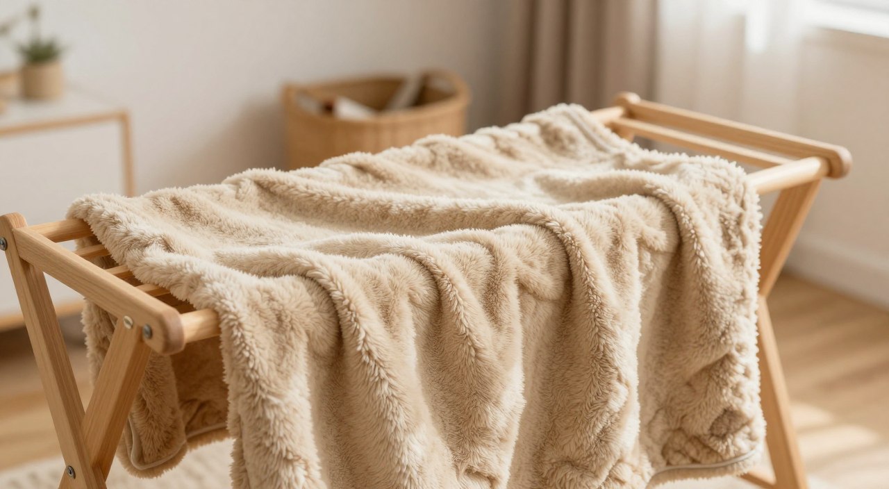 A close-up image of a fluffy, dry dog coat hanging on a wooden drying rack in a sunlit room. The coat is a soft, textured material in a warm beige color with a subtle pattern, showcasing its quality. In the foreground, there is a gentle light source casting soft shadows on the coat, highlighting the fibers. In the middle background, a calm, clean space with wooden floors and a few cozy dog accessories create a peaceful environment. The overall mood is serene and comforting, emphasizing the importance of properly drying a dog after a bath. The image captures a tranquil moment, with no distractions or clutter, encouraging readers to focus on the dog coat. A close-up image of a fluffy, dry dog coat hanging on a wooden drying rack in a sunlit room. The coat is a soft, textured material in a warm beige color with a subtle pattern, showcasing its quality. In the foreground, there is a gentle light source casting soft shadows on the coat, highlighting the fibers. In the middle background, a calm, clean space with wooden floors and a few cozy dog accessories create a peaceful environment. The overall mood is serene and comforting, emphasizing the importance of properly drying a dog after a bath. The image captures a tranquil moment, with no distractions or clutter, encouraging readers to focus on the dog coat.