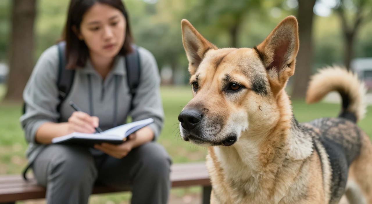 A close-up of a calm, well-groomed dog exhibiting subtle signs of aggression, such as a tense body posture and slightly raised hackles. In the foreground, focus on the dog's expressive face to capture an emotional essence of understanding and curiosity. The middle ground features a professional dog trainer, dressed in modest casual clothing, gently observing the dog while taking notes in a notebook. In the background, a serene park setting with soft, dappled natural light filtering through the trees, enhancing the tranquil atmosphere. The overall mood should be educational and insightful, emphasizing the importance of recognizing and understanding dog aggression in a safe and controlled environment. A close-up of a calm, well-groomed dog exhibiting subtle signs of aggression, such as a tense body posture and slightly raised hackles. In the foreground, focus on the dog's expressive face to capture an emotional essence of understanding and curiosity. The middle ground features a professional dog trainer, dressed in modest casual clothing, gently observing the dog while taking notes in a notebook. In the background, a serene park setting with soft, dappled natural light filtering through the trees, enhancing the tranquil atmosphere. The overall mood should be educational and insightful, emphasizing the importance of recognizing and understanding dog aggression in a safe and controlled environment.