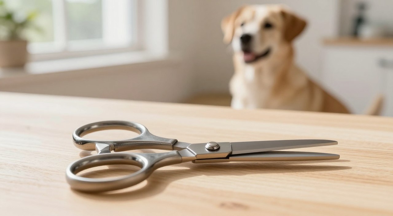 A close-up of a pair of scissors designed for pet grooming, with a focus on safety features like rounded tips. The foreground showcases the scissors resting on a clean, light wood table, with a blurred background of a well-lit, calm grooming area featuring a happy, calm dog sitting patiently. Natural sunlight filters through a nearby window, creating a warm and welcoming atmosphere. The scissors are positioned at a slight angle to highlight their ergonomic design, while soft shadows add depth to the scene. The overall mood is serene and professional, emphasizing the importance of safe trimming practices. No humans or other distractions are present, ensuring a clean and focused composition suitable for instructional content. A close-up of a pair of scissors designed for pet grooming, with a focus on safety features like rounded tips. The foreground showcases the scissors resting on a clean, light wood table, with a blurred background of a well-lit, calm grooming area featuring a happy, calm dog sitting patiently. Natural sunlight filters through a nearby window, creating a warm and welcoming atmosphere. The scissors are positioned at a slight angle to highlight their ergonomic design, while soft shadows add depth to the scene. The overall mood is serene and professional, emphasizing the importance of safe trimming practices. No humans or other distractions are present, ensuring a clean and focused composition suitable for instructional content.