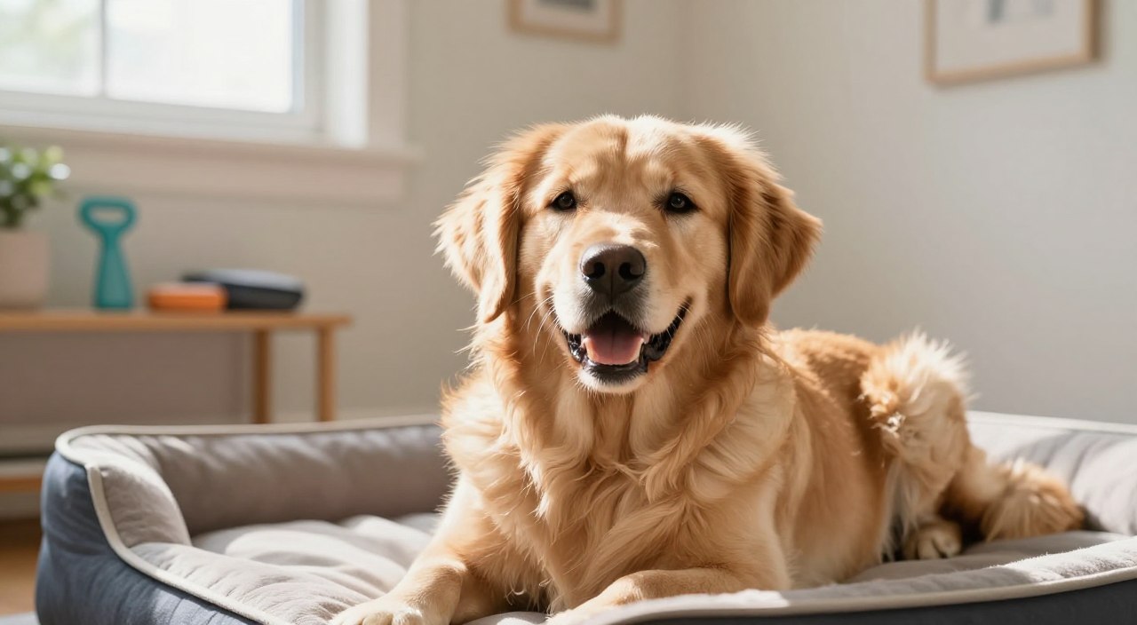 A close-up view of a happy, healthy golden retriever lying on a soft, clean dog bed in a bright, airy room filled with natural light. The dog's fur has a subtle sheen, emphasizing its cleanliness and freshness. In the foreground, the dog's ears perk up, showcasing its vibrant, alert expression. The middle ground captures the gently lit ambiance, with soft pastel colors on the walls and a few dog grooming tools neatly arranged on a shelf. In the background, a window lets in warm sunlight, adding to the calm and inviting atmosphere. The overall mood is serene and welcoming, reflecting the importance of keeping pets healthy and odor-free. The image is free of any distractions like text or products. A close-up view of a happy, healthy golden retriever lying on a soft, clean dog bed in a bright, airy room filled with natural light. The dog's fur has a subtle sheen, emphasizing its cleanliness and freshness. In the foreground, the dog's ears perk up, showcasing its vibrant, alert expression. The middle ground captures the gently lit ambiance, with soft pastel colors on the walls and a few dog grooming tools neatly arranged on a shelf. In the background, a window lets in warm sunlight, adding to the calm and inviting atmosphere. The overall mood is serene and welcoming, reflecting the importance of keeping pets healthy and odor-free. The image is free of any distractions like text or products.
