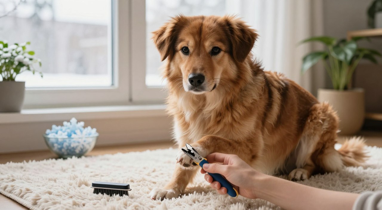 A cozy indoor scene featuring a well-groomed dog sitting on a soft, fluffy rug. The dog has a thick, shiny winter coat, reflecting warmth and care, showcasing its well-maintained paws and nails. In the foreground, a gentle hand is softly grooming the dog's paws, using a brush and small nail clippers, highlighting the attention given to paw care in winter conditions. In the middle ground, a window allows natural light to flood in, creating a warm and inviting atmosphere. The background includes a few plants and a bowl of snowflakes for a winter touch, enhancing the serene and calm mood. The overall image conveys a sense of safety, care, and warmth, perfect for a pet-loving audience. A cozy indoor scene featuring a well-groomed dog sitting on a soft, fluffy rug. The dog has a thick, shiny winter coat, reflecting warmth and care, showcasing its well-maintained paws and nails. In the foreground, a gentle hand is softly grooming the dog's paws, using a brush and small nail clippers, highlighting the attention given to paw care in winter conditions. In the middle ground, a window allows natural light to flood in, creating a warm and inviting atmosphere. The background includes a few plants and a bowl of snowflakes for a winter touch, enhancing the serene and calm mood. The overall image conveys a sense of safety, care, and warmth, perfect for a pet-loving audience.