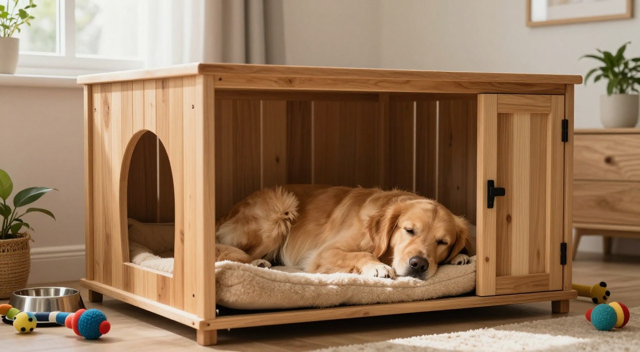 A cozy indoor setting featuring a well-designed dog crate setup. In the foreground, a spacious, comfortable dog crate made of natural wood with a soft, plush bed inside. A golden retriever lies peacefully inside, looking relaxed and secure. In the middle ground, the room has warm, inviting decor with a few toys scattered nearby, a water bowl, and calming ambient lighting emanating from a nearby window, allowing natural light to flood in. In the background, serene neutral-colored walls and a potted plant add tranquility to the scene. Capture this peaceful moment with a close-up angle that emphasizes the dog's comfort and security, conveying a calm and nurturing atmosphere perfect for training discussions. A cozy indoor setting featuring a well-designed dog crate setup. In the foreground, a spacious, comfortable dog crate made of natural wood with a soft, plush bed inside. A golden retriever lies peacefully inside, looking relaxed and secure. In the middle ground, the room has warm, inviting decor with a few toys scattered nearby, a water bowl, and calming ambient lighting emanating from a nearby window, allowing natural light to flood in. In the background, serene neutral-colored walls and a potted plant add tranquility to the scene. Capture this peaceful moment with a close-up angle that emphasizes the dog's comfort and security, conveying a calm and nurturing atmosphere perfect for training discussions.