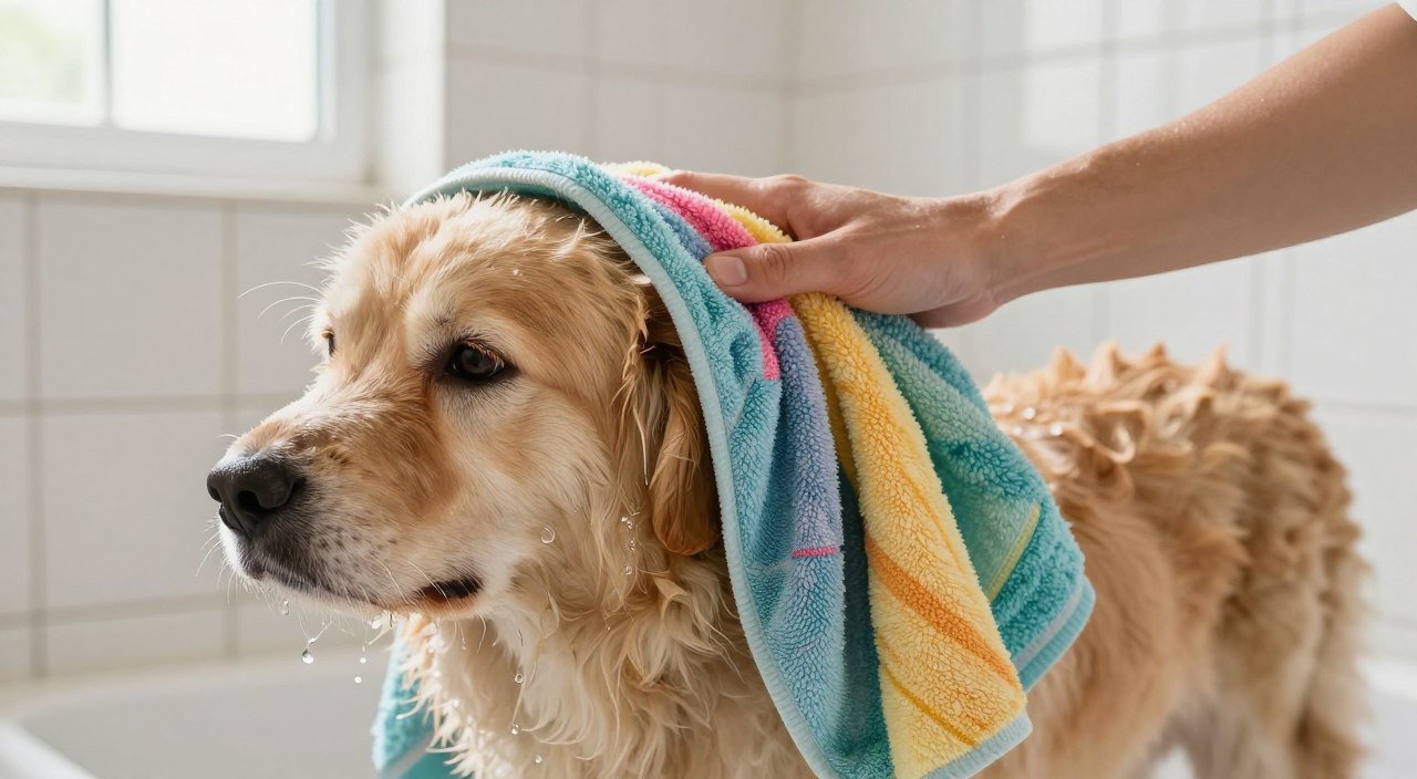 A fluffy, medium-sized dog being towel-dried by a gentle hand in a sunny, clean bathroom setting. The foreground features the dog's soft fur glistening with water droplets as the person wraps the towel around its body, demonstrating a caring technique. In the middle ground, the brightly colored, absorbent towel contrasts with the dog's coat, emphasizing the ideal drying method. The background showcases light-colored tiles and a window allowing natural light to softly illuminate the scene, creating a warm and calm atmosphere. The angle captures both the dog’s relaxed expression and the tender interaction, conveying a sense of trust and comfort during the drying process. A fluffy, medium-sized dog being towel-dried by a gentle hand in a sunny, clean bathroom setting. The foreground features the dog's soft fur glistening with water droplets as the person wraps the towel around its body, demonstrating a caring technique. In the middle ground, the brightly colored, absorbent towel contrasts with the dog's coat, emphasizing the ideal drying method. The background showcases light-colored tiles and a window allowing natural light to softly illuminate the scene, creating a warm and calm atmosphere. The angle captures both the dog’s relaxed expression and the tender interaction, conveying a sense of trust and comfort during the drying process.