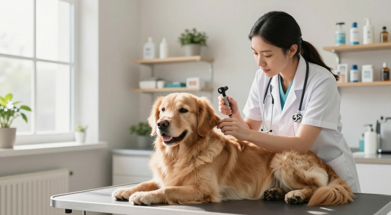 A serene and clean veterinary examination room with natural light streaming through large windows. In the foreground, a calm golden retriever lies comfortably on an examination table, with a gentle expression. A veterinarian, dressed in smart casual attire, is carefully inspecting the dog's ear with an otoscope, highlighting the importance of proper ear cleaning techniques. The middle ground includes minimalist shelves displaying dog care products in an organized manner, while the background features soft, neutral-colored walls and potted plants to enhance the tranquil atmosphere. The overall mood is professional yet relaxed, promoting a sense of care and attention, without any distracting elements or clutter. A serene and clean veterinary examination room with natural light streaming through large windows. In the foreground, a calm golden retriever lies comfortably on an examination table, with a gentle expression. A veterinarian, dressed in smart casual attire, is carefully inspecting the dog's ear with an otoscope, highlighting the importance of proper ear cleaning techniques. The middle ground includes minimalist shelves displaying dog care products in an organized manner, while the background features soft, neutral-colored walls and potted plants to enhance the tranquil atmosphere. The overall mood is professional yet relaxed, promoting a sense of care and attention, without any distracting elements or clutter.
