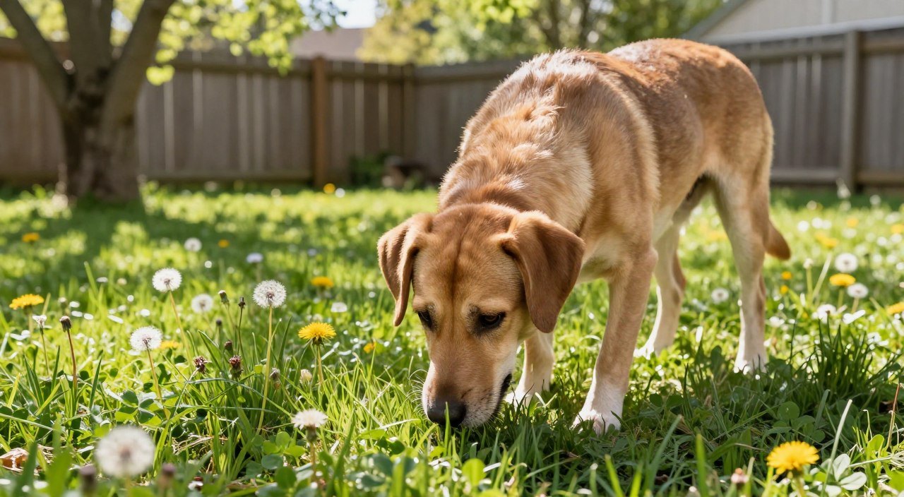 A serene dog in a clean, sunlit yard, sniffing the ground with curiosity. In the foreground, focus on the dog’s expression, capturing its nose just above the grass, surrounded by gentle flowers. The middle ground includes a clear view of the lush green lawn, where snippets of dandelions and clover create an inviting scene. In the background, a wooden fence and leafy trees add to the calm atmosphere. Soft, natural light filters through the leaves, enhancing the dog's glossy fur and creating beautiful shadows. The mood is peaceful and fresh, embodying the essence of a healthy, happy dog exploring its environment. A serene dog in a clean, sunlit yard, sniffing the ground with curiosity. In the foreground, focus on the dog’s expression, capturing its nose just above the grass, surrounded by gentle flowers. The middle ground includes a clear view of the lush green lawn, where snippets of dandelions and clover create an inviting scene. In the background, a wooden fence and leafy trees add to the calm atmosphere. Soft, natural light filters through the leaves, enhancing the dog's glossy fur and creating beautiful shadows. The mood is peaceful and fresh, embodying the essence of a healthy, happy dog exploring its environment.