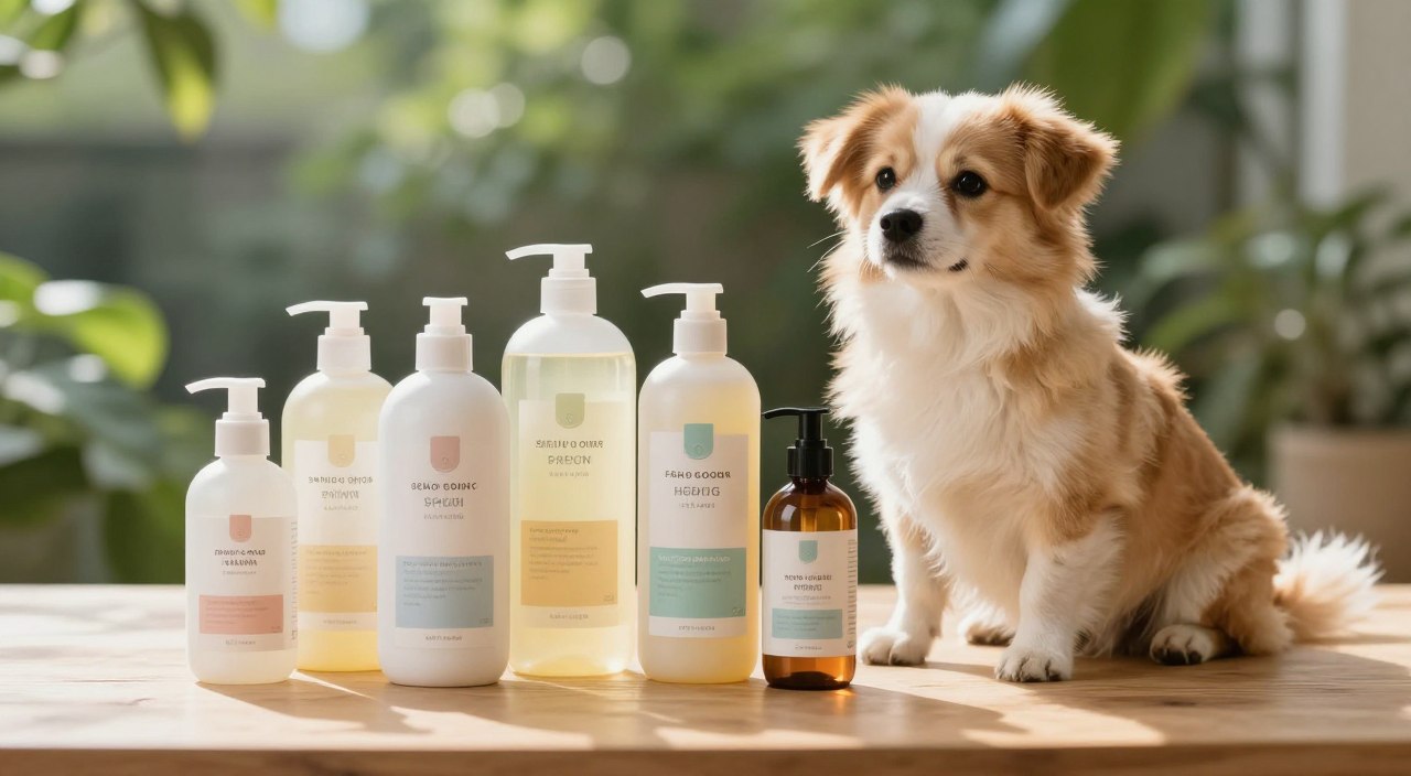 A serene image featuring a variety of dog shampoos arranged neatly on a soft, natural wood surface. In the foreground, several bottles of shampoo with different labels for specific needs, such as sensitive skin, flea prevention, and hypoallergenic options. The middle layer includes a fluffy, well-groomed dog of medium size, looking content and relaxed as it sits beside the shampoo bottles, with natural sunlight streaming in and creating soft reflections. In the background, softly blurred, lush greenery or a calming garden, adding a tranquil atmosphere. The lighting is warm and inviting, with a focus on showcasing the products' labels while maintaining a clean, tidy aesthetic. The mood is calm and informative, aimed at pet owners looking to choose the right shampoo for their furry friends. A serene image featuring a variety of dog shampoos arranged neatly on a soft, natural wood surface. In the foreground, several bottles of shampoo with different labels for specific needs, such as sensitive skin, flea prevention, and hypoallergenic options. The middle layer includes a fluffy, well-groomed dog of medium size, looking content and relaxed as it sits beside the shampoo bottles, with natural sunlight streaming in and creating soft reflections. In the background, softly blurred, lush greenery or a calming garden, adding a tranquil atmosphere. The lighting is warm and inviting, with a focus on showcasing the products' labels while maintaining a clean, tidy aesthetic. The mood is calm and informative, aimed at pet owners looking to choose the right shampoo for their furry friends.