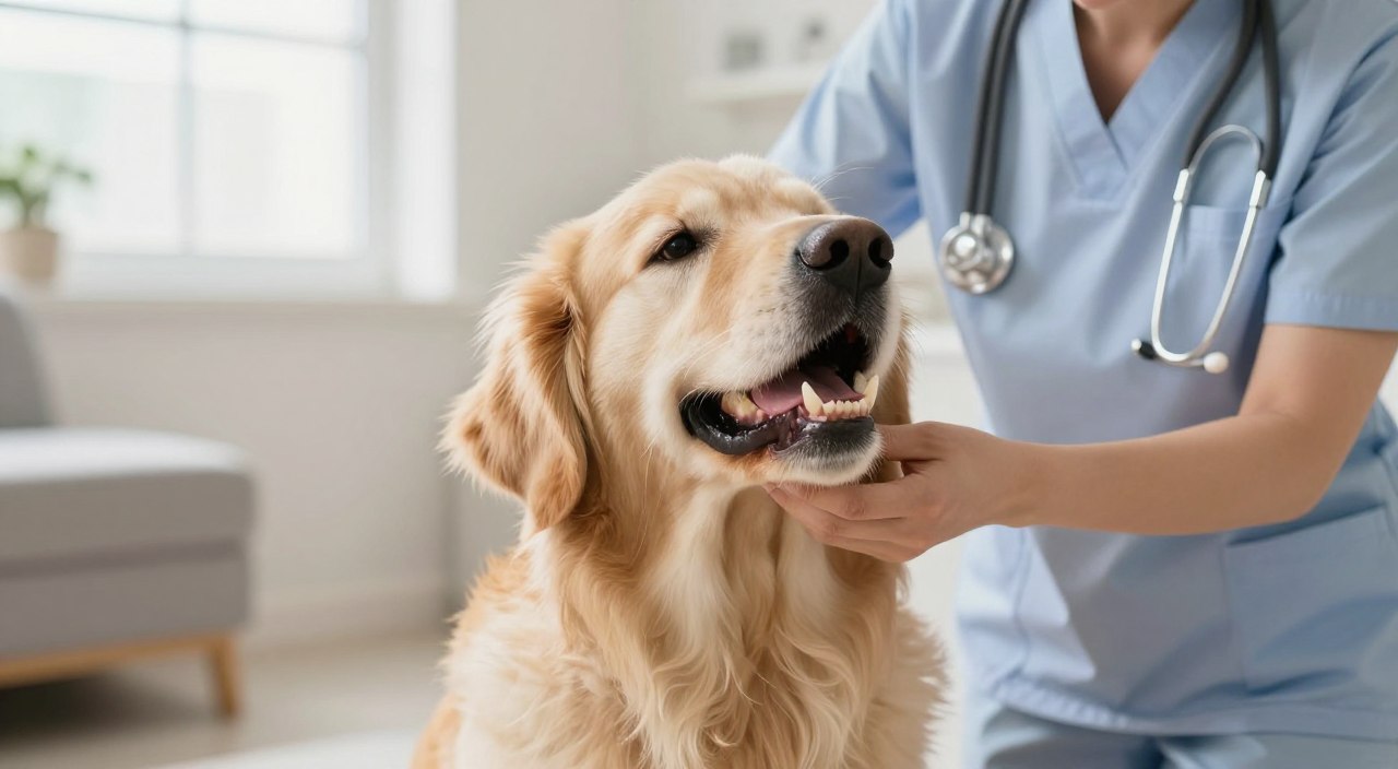 A serene image of a healthy dog's mouth, showcasing clean teeth and healthy gums, positioned in the foreground. The dog, a medium-sized golden retriever, sits calmly with its mouth slightly open, allowing a clear view of its dental health. In the middle ground, a veterinary professional in modest, casual clothing gently lifts the dog's lips, highlighting proper dental care techniques. The background features a well-lit, airy room with natural light streaming through a window, adorned with soft, neutral colors to evoke a calm atmosphere. The overall mood is one of tranquility and education, emphasizing the importance of at-home dental cleaning for pets. A serene image of a healthy dog's mouth, showcasing clean teeth and healthy gums, positioned in the foreground. The dog, a medium-sized golden retriever, sits calmly with its mouth slightly open, allowing a clear view of its dental health. In the middle ground, a veterinary professional in modest, casual clothing gently lifts the dog's lips, highlighting proper dental care techniques. The background features a well-lit, airy room with natural light streaming through a window, adorned with soft, neutral colors to evoke a calm atmosphere. The overall mood is one of tranquility and education, emphasizing the importance of at-home dental cleaning for pets.