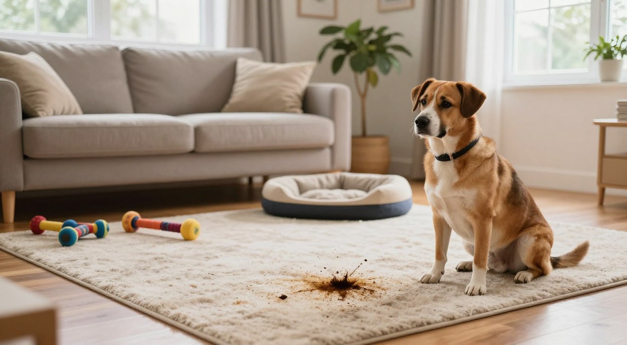 A serene indoor scene depicting a comfortably furnished living room with natural light streaming through large windows. In the foreground, a well-groomed dog sits calmly on a plush rug, displaying a relaxed demeanor. Nearby, notable signs of house soiling can be seen, such as a small, discreet accident on the hardwood floor, underlying the importance of addressing potential health and behavioral issues. In the middle, a cozy couch and dog bed enhance the homey atmosphere, while dog toys are scattered around, adding a playful touch. The background features soft curtains and potted plants, contributing to a warm, inviting setting. The overall mood is calm and reflective, inviting viewers to consider the emotional aspects of dog training. A serene indoor scene depicting a comfortably furnished living room with natural light streaming through large windows. In the foreground, a well-groomed dog sits calmly on a plush rug, displaying a relaxed demeanor. Nearby, notable signs of house soiling can be seen, such as a small, discreet accident on the hardwood floor, underlying the importance of addressing potential health and behavioral issues. In the middle, a cozy couch and dog bed enhance the homey atmosphere, while dog toys are scattered around, adding a playful touch. The background features soft curtains and potted plants, contributing to a warm, inviting setting. The overall mood is calm and reflective, inviting viewers to consider the emotional aspects of dog training.
