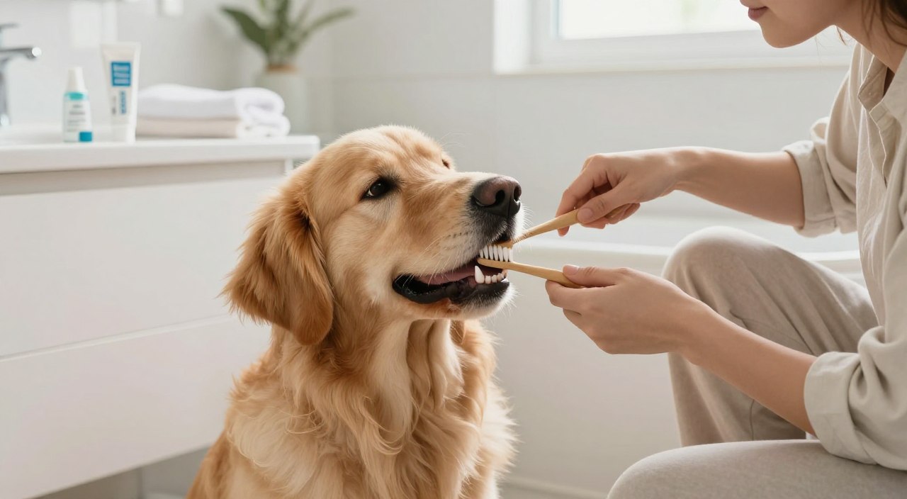 A serene indoor scene showcasing a person gently brushing a medium-sized dog’s teeth. In the foreground, the dog, a golden retriever, sits patiently with its mouth slightly open, displaying its clean white teeth. The owner, dressed in a comfortable, modest outfit, is using a soft-bristled toothbrush with a focused expression, demonstrating the technique. In the middle ground, a bright and tidy bathroom with soft natural lighting illuminates the scene, reflecting a calm atmosphere. In the background, a couple of dog-care items like a dog-friendly toothpaste and a towel are neatly arranged on a countertop. The overall mood is calm and reassuring, emphasizing the daily routine of pet care. A serene indoor scene showcasing a person gently brushing a medium-sized dog’s teeth. In the foreground, the dog, a golden retriever, sits patiently with its mouth slightly open, displaying its clean white teeth. The owner, dressed in a comfortable, modest outfit, is using a soft-bristled toothbrush with a focused expression, demonstrating the technique. In the middle ground, a bright and tidy bathroom with soft natural lighting illuminates the scene, reflecting a calm atmosphere. In the background, a couple of dog-care items like a dog-friendly toothpaste and a towel are neatly arranged on a countertop. The overall mood is calm and reassuring, emphasizing the daily routine of pet care.