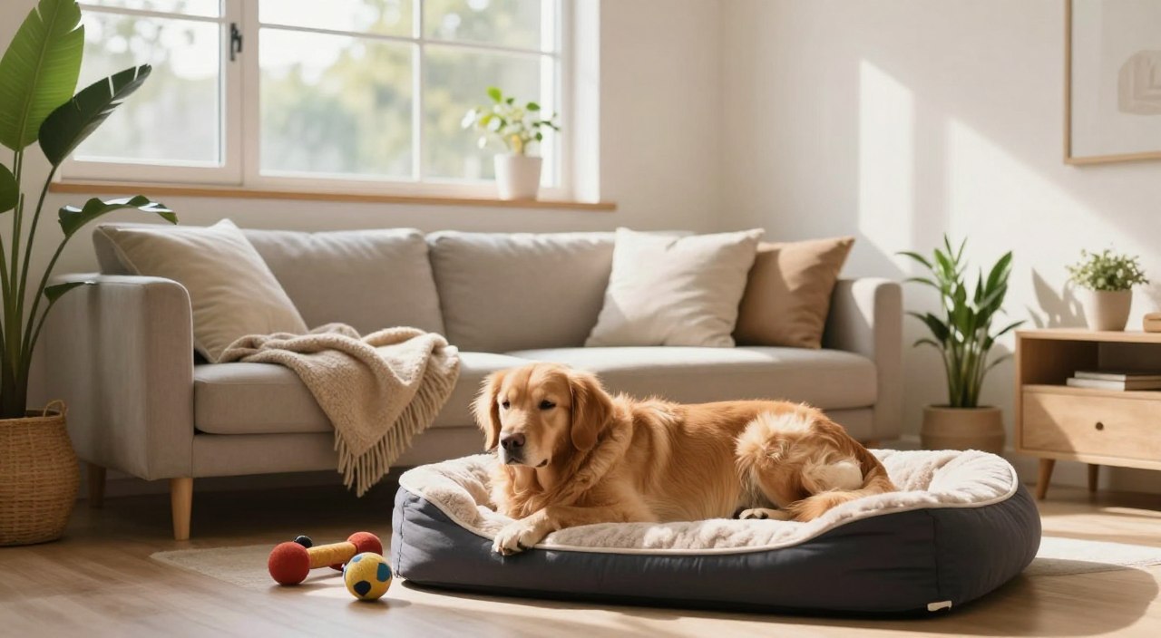 A serene indoor setting designed as a calm space for a dog. In the foreground, a relaxed golden retriever lies comfortably on a soft, plush dog bed, surrounded by a few gentle toys. The middle area features a cozy corner with a warm blanket draped over a low sofa, soft pillows, and a few potted plants that add a touch of nature. In the background, sunlight filters through a large window, illuminating the room with a warm glow, casting soft shadows on the light-colored walls. The atmosphere is tranquil and inviting, evoking a sense of safety and comfort for the dog. The image should reflect a clean, uncluttered environment, free from distractions.