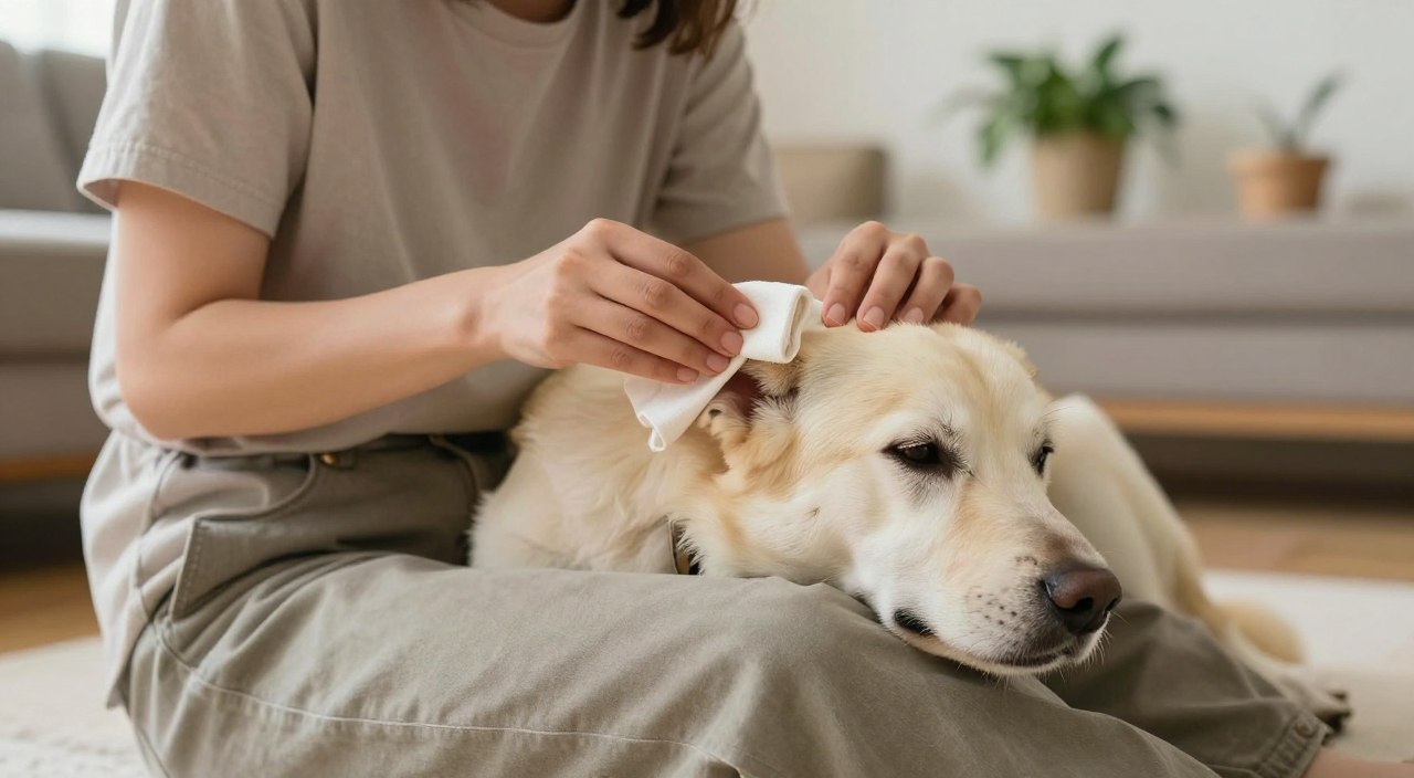 A serene indoor setting featuring a gentle person in modest casual clothing kneeling beside a calm dog during an ear cleaning session. The person is using a soft cloth to gently wipe the dog's ear, while the dog appears relaxed and reassured, resting its head in the person's lap. Soft, natural light fills the room, creating a warm atmosphere. In the background, a cozy living space with neutral colors and a few potted plants enhances the peaceful mood. The angle focuses closely on the interaction between the person and the dog, emphasizing trust and care without distractions. The overall image conveys tranquility and the importance of keeping pets calm during ear maintenance. A serene indoor setting featuring a gentle person in modest casual clothing kneeling beside a calm dog during an ear cleaning session. The person is using a soft cloth to gently wipe the dog's ear, while the dog appears relaxed and reassured, resting its head in the person's lap. Soft, natural light fills the room, creating a warm atmosphere. In the background, a cozy living space with neutral colors and a few potted plants enhances the peaceful mood. The angle focuses closely on the interaction between the person and the dog, emphasizing trust and care without distractions. The overall image conveys tranquility and the importance of keeping pets calm during ear maintenance.