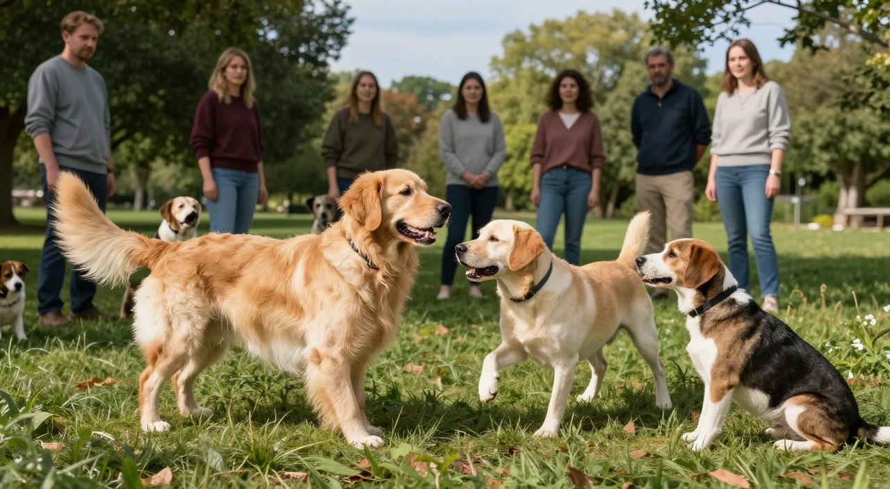 A serene outdoor park scene depicting multiple dogs engaged in playful activities, showcasing various body language signals. In the foreground, a happy Golden Retriever stands with its tail wagging, ears perked up, demonstrating excitement. Nearby, a Labrador playfully crouches with front legs down, inviting interaction, while a cautious Beagle sits away, its body slightly turned, showing non-verbal hesitation. In the middle ground, a group of dog owners, dressed in casual attire, observe their pets with attentive expressions, ensuring a safe play environment. The background features lush greenery and a clear blue sky, enhancing the calm mood. Natural light filters through the trees, casting gentle shadows, capturing a harmonious moment of dog playfulness and safety awareness. A serene outdoor park scene depicting multiple dogs engaged in playful activities, showcasing various body language signals. In the foreground, a happy Golden Retriever stands with its tail wagging, ears perked up, demonstrating excitement. Nearby, a Labrador playfully crouches with front legs down, inviting interaction, while a cautious Beagle sits away, its body slightly turned, showing non-verbal hesitation. In the middle ground, a group of dog owners, dressed in casual attire, observe their pets with attentive expressions, ensuring a safe play environment. The background features lush greenery and a clear blue sky, enhancing the calm mood. Natural light filters through the trees, casting gentle shadows, capturing a harmonious moment of dog playfulness and safety awareness.