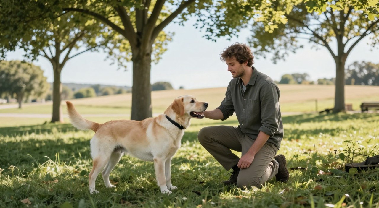A serene outdoor park scene featuring a trainer in modest casual clothing kneeling on the grass, encouraging a playful dog to come when called. The dog, an eager Labrador Retriever, is positioned in the foreground with its tail wagging, showing excitement and focus. In the middle ground, a few trees provide gentle shade while dappled sunlight filters through the leaves, creating a calm and warm atmosphere. The background includes a clear blue sky and soft rolling hills, enhancing the peaceful setting. The image captures a moment of connection and trust between the trainer and dog, emphasizing the themes of communication and guidance in dog training. Use natural light to create a soft focus effect, highlighting the interaction without distractions. A serene outdoor park scene featuring a trainer in modest casual clothing kneeling on the grass, encouraging a playful dog to come when called. The dog, an eager Labrador Retriever, is positioned in the foreground with its tail wagging, showing excitement and focus. In the middle ground, a few trees provide gentle shade while dappled sunlight filters through the leaves, creating a calm and warm atmosphere. The background includes a clear blue sky and soft rolling hills, enhancing the peaceful setting. The image captures a moment of connection and trust between the trainer and dog, emphasizing the themes of communication and guidance in dog training. Use natural light to create a soft focus effect, highlighting the interaction without distractions.