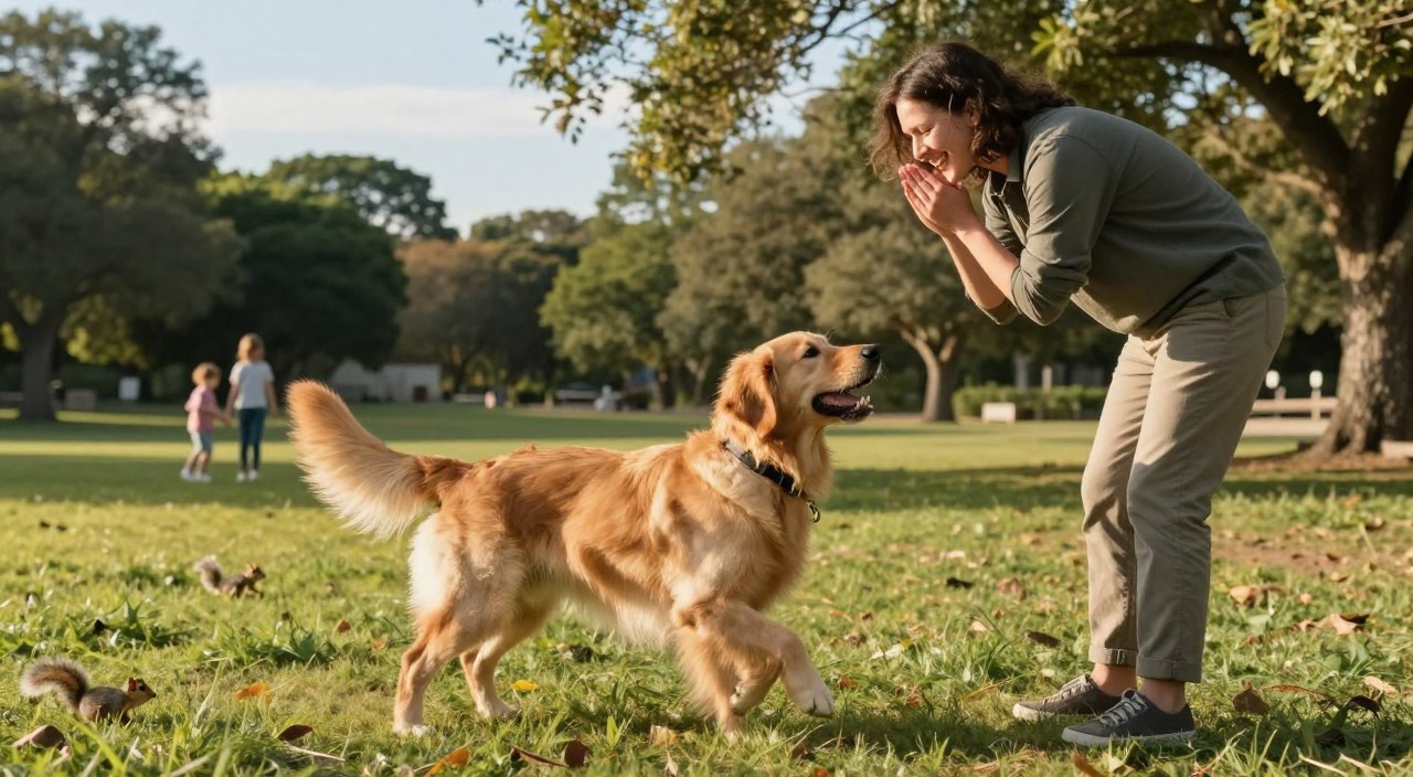 A serene outdoor scene depicting a dog enthusiastically responding to a recall command. In the foreground, a medium-sized, energetic golden retriever with a shiny coat is happily running towards a smiling person in modest casual clothing, cupping their hands to their mouth as they call the dog. The middle ground features a grassy park with scattered trees, and a couple of small distractions like a squirrel and a child playing in the distance. The background shows a clear blue sky with soft, warm sunlight filtering through the leaves, casting gentle shadows. The atmosphere is calm and focused, emphasizing the bond between the dog and owner. The image captures the essence of effective dog training in a natural, safe, and friendly environment. A serene outdoor scene depicting a dog enthusiastically responding to a recall command. In the foreground, a medium-sized, energetic golden retriever with a shiny coat is happily running towards a smiling person in modest casual clothing, cupping their hands to their mouth as they call the dog. The middle ground features a grassy park with scattered trees, and a couple of small distractions like a squirrel and a child playing in the distance. The background shows a clear blue sky with soft, warm sunlight filtering through the leaves, casting gentle shadows. The atmosphere is calm and focused, emphasizing the bond between the dog and owner. The image captures the essence of effective dog training in a natural, safe, and friendly environment.