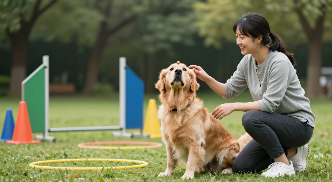 A serene outdoor setting featuring a playful dog in the foreground engaging in a “trick” shaping game with its owner. The dog, a medium-sized golden retriever with bright, expressive eyes, is performing a new trick, such as balancing a treat on its nose, showcasing intelligence and creativity. The owner, wearing a casual yet professional outfit, kneels beside the dog, encouraging it with a smile and gentle gestures. In the middle ground, colorful agility equipment, like cones and hoops, adds interest. The background should depict a lush green park with soft diffused natural light filtering through the trees, creating a calm and inviting atmosphere. The overall mood is positive and motivating, capturing the essence of interactive learning and bonding between the dog and its owner. A serene outdoor setting featuring a playful dog in the foreground engaging in a “trick” shaping game with its owner. The dog, a medium-sized golden retriever with bright, expressive eyes, is performing a new trick, such as balancing a treat on its nose, showcasing intelligence and creativity. The owner, wearing a casual yet professional outfit, kneels beside the dog, encouraging it with a smile and gentle gestures. In the middle ground, colorful agility equipment, like cones and hoops, adds interest. The background should depict a lush green park with soft diffused natural light filtering through the trees, creating a calm and inviting atmosphere. The overall mood is positive and motivating, capturing the essence of interactive learning and bonding between the dog and its owner.