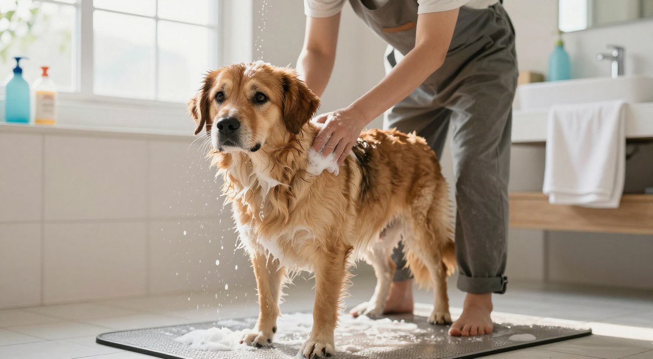 A serene scene showcasing a medium-sized dog being bathed in a well-lit, clean bathroom. In the foreground, the dog stands on a non-slip mat, water gently cascading down its fur, with visible soap bubbles highlighting the grooming process. The dog's expression is calm and relaxed, allowing its natural oils to be preserved. In the middle ground, a professional groomer in modest casual attire carefully washes the dog, using gentle strokes to ensure comfort. The background features a sunny window, letting in natural light and creating a warm atmosphere. Soft towels and grooming supplies are neatly arranged on a nearby countertop, emphasizing a tidy setting and the importance of wise bathing practices. A serene scene showcasing a medium-sized dog being bathed in a well-lit, clean bathroom. In the foreground, the dog stands on a non-slip mat, water gently cascading down its fur, with visible soap bubbles highlighting the grooming process. The dog's expression is calm and relaxed, allowing its natural oils to be preserved. In the middle ground, a professional groomer in modest casual attire carefully washes the dog, using gentle strokes to ensure comfort. The background features a sunny window, letting in natural light and creating a warm atmosphere. Soft towels and grooming supplies are neatly arranged on a nearby countertop, emphasizing a tidy setting and the importance of wise bathing practices.