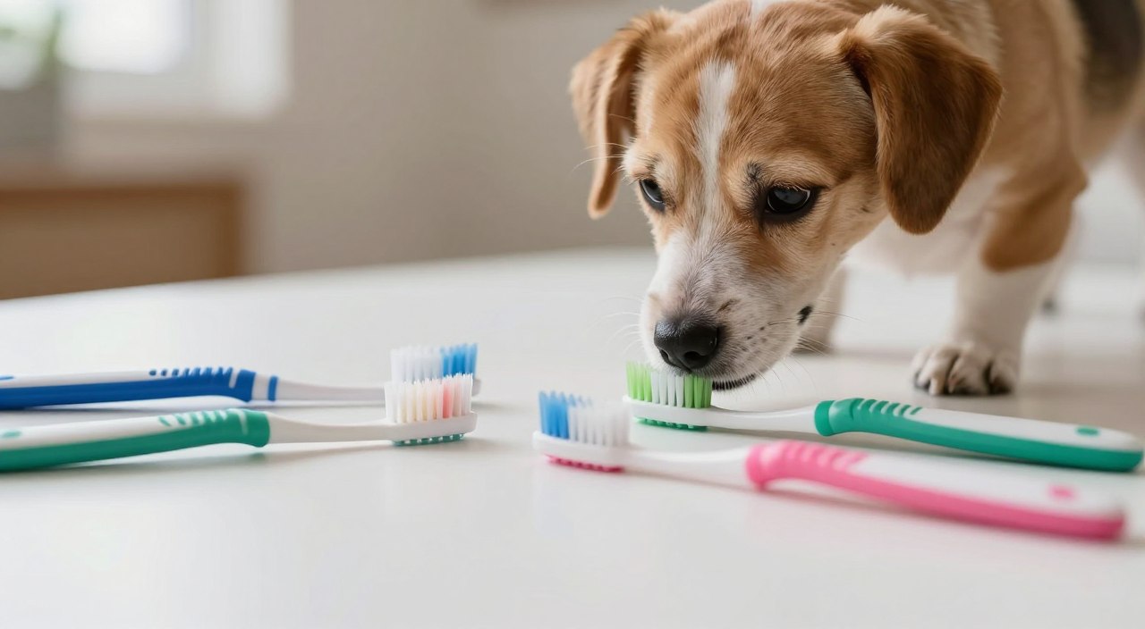 A serene scene showcasing a variety of colorful toothbrushes arranged artfully on a clean, white surface. In the foreground, a few toothbrushes are in focus, with soft bristles and vibrant handles in shades of blue, green, and pink. The middle ground features a small, playful dog curiously sniffing one of the brushes, its fur gleaming in natural light. The background is softly blurred, highlighting the simple, uncluttered environment that evokes a calm and peaceful mood. The setting captures the essence of a home environment, with warm, inviting lighting that creates a harmonious atmosphere, emphasizing the theme of dental care for dogs using alternative methods. A serene scene showcasing a variety of colorful toothbrushes arranged artfully on a clean, white surface. In the foreground, a few toothbrushes are in focus, with soft bristles and vibrant handles in shades of blue, green, and pink. The middle ground features a small, playful dog curiously sniffing one of the brushes, its fur gleaming in natural light. The background is softly blurred, highlighting the simple, uncluttered environment that evokes a calm and peaceful mood. The setting captures the essence of a home environment, with warm, inviting lighting that creates a harmonious atmosphere, emphasizing the theme of dental care for dogs using alternative methods.
