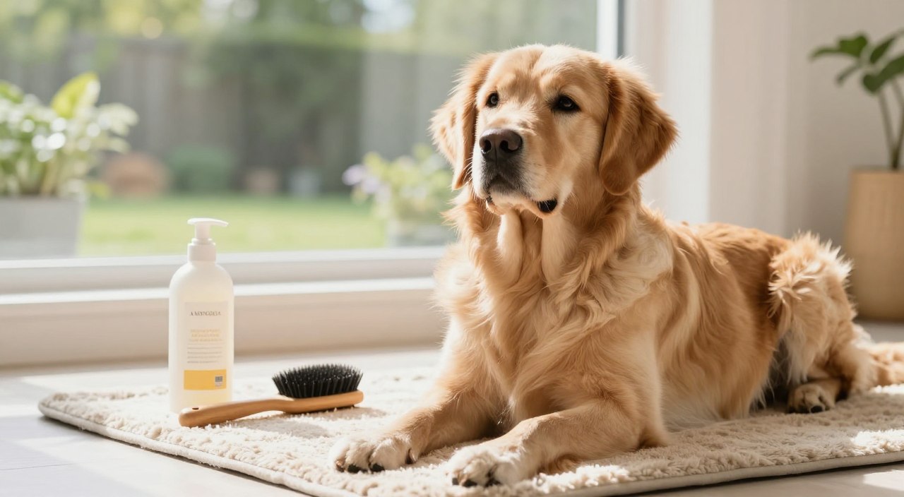 A serene setting showcasing a gentle, golden retriever sitting comfortably on a soft, plush mat. The foreground features the dog with a focused, relaxed expression, while the middle ground includes a selection of natural grooming tools such as brushes and a bottle of dog-friendly shampoo, arranged neatly in a well-lit, clean space. In the background, soft natural light filters through a window, illuminating a sunny, tranquil garden view, creating a warm and inviting atmosphere. The overall mood is calm and nurturing, reflecting a safe and gentle approach to dog grooming. The composition emphasizes simplicity and professionalism, perfect for educating viewers on choosing the right dog shampoo. A serene setting showcasing a gentle, golden retriever sitting comfortably on a soft, plush mat. The foreground features the dog with a focused, relaxed expression, while the middle ground includes a selection of natural grooming tools such as brushes and a bottle of dog-friendly shampoo, arranged neatly in a well-lit, clean space. In the background, soft natural light filters through a window, illuminating a sunny, tranquil garden view, creating a warm and inviting atmosphere. The overall mood is calm and nurturing, reflecting a safe and gentle approach to dog grooming. The composition emphasizes simplicity and professionalism, perfect for educating viewers on choosing the right dog shampoo.