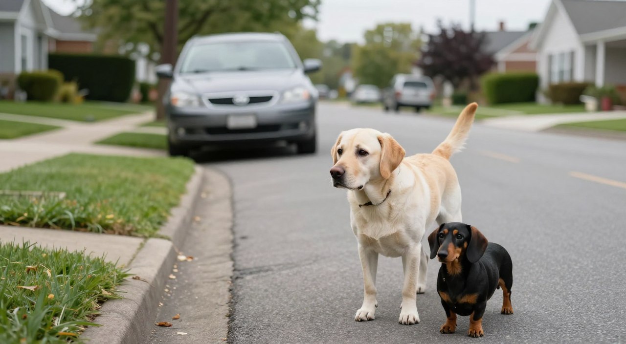 A serene suburban street scene bathed in soft, natural light, depicting a setting where fearful dogs are cautiously observing vehicles from a safe distance. In the foreground, a timid Labrador Retriever and a small Dachshund stand close together, their body language expressing apprehension with lowered ears and wide eyes. In the middle ground, a parked car is visible, creating a gentle contrast with the nervous yet curious dogs. The background features a tidy neighborhood with well-kept lawns and trees, enhancing the calm atmosphere. The lens captures the moment from a low angle, focusing on the dogs while softening the vehicles in the distance, conveying a mood of serene observation and gradual desensitization. A serene suburban street scene bathed in soft, natural light, depicting a setting where fearful dogs are cautiously observing vehicles from a safe distance. In the foreground, a timid Labrador Retriever and a small Dachshund stand close together, their body language expressing apprehension with lowered ears and wide eyes. In the middle ground, a parked car is visible, creating a gentle contrast with the nervous yet curious dogs. The background features a tidy neighborhood with well-kept lawns and trees, enhancing the calm atmosphere. The lens captures the moment from a low angle, focusing on the dogs while softening the vehicles in the distance, conveying a mood of serene observation and gradual desensitization.