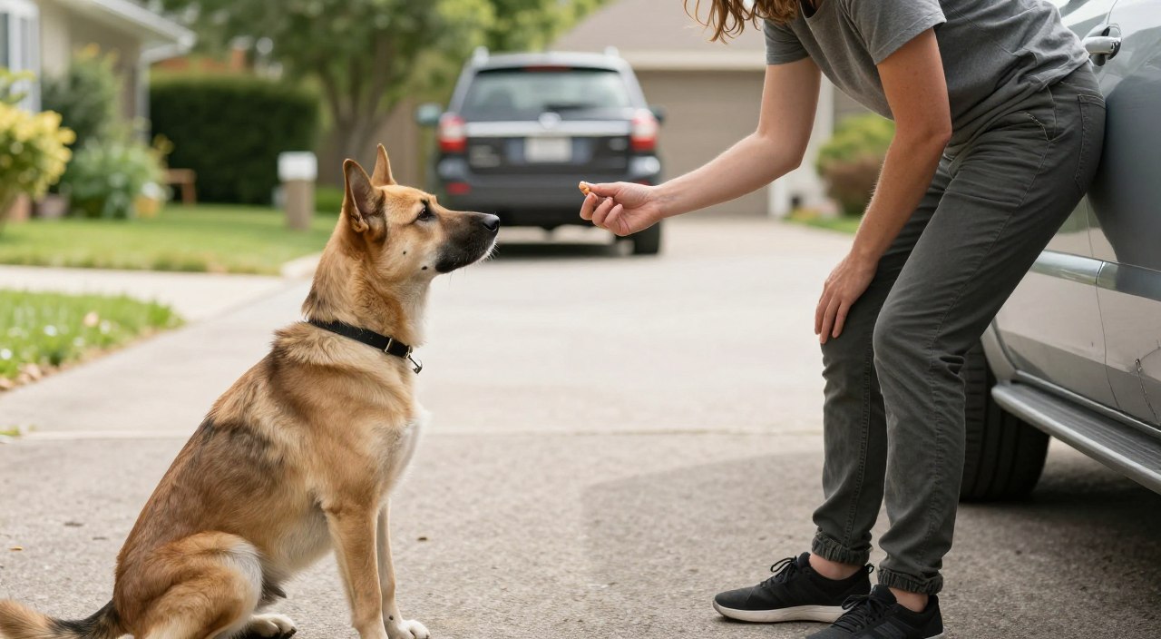 A serene training environment featuring a well-behaved dog and a focused individual in modest casual attire, demonstrating foundational dog training techniques near a parked vehicle. In the foreground, the dog is sitting calmly, its ears perked up attentively, while the trainer gently uses hand signals and treats to reinforce commands. The middle ground shows a clear, open driveway with a vehicle parked safely in the distance. The background is filled with greenery, suggesting a peaceful suburban setting bathed in natural sunlight. The overall mood is calm and educational, emphasizing a positive, supportive atmosphere for both the dog and trainer. The image captures the essence of training dogs to maintain focus and discipline around vehicles. A serene training environment featuring a well-behaved dog and a focused individual in modest casual attire, demonstrating foundational dog training techniques near a parked vehicle. In the foreground, the dog is sitting calmly, its ears perked up attentively, while the trainer gently uses hand signals and treats to reinforce commands. The middle ground shows a clear, open driveway with a vehicle parked safely in the distance. The background is filled with greenery, suggesting a peaceful suburban setting bathed in natural sunlight. The overall mood is calm and educational, emphasizing a positive, supportive atmosphere for both the dog and trainer. The image captures the essence of training dogs to maintain focus and discipline around vehicles.
