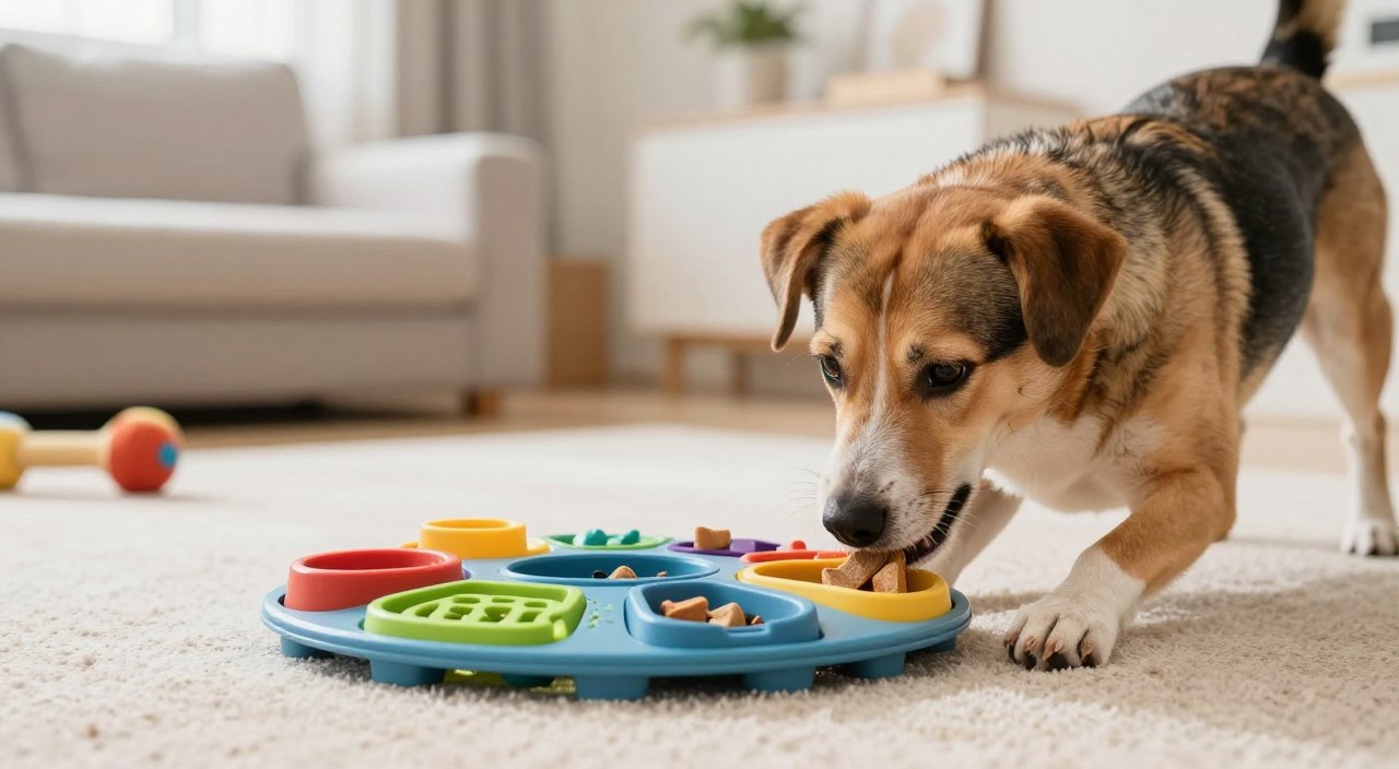 A vibrant scene featuring a medium-sized dog engaging with a colorful puzzle feeder in a cozy, sunlit room. In the foreground, the dog, with a shiny coat and an eager expression, is solving the food puzzle made of durable, dog-safe materials, with treats partially visible within the compartments. In the middle, the puzzle feeder is intricately shaped, showcasing various textures and interactive elements designed to stimulate the dog's mind. The background features soft, blurred elements of a clean, inviting home environment—perhaps a comfy dog bed and a few toys scattered around—bathed in natural light to create a calm and cheerful atmosphere. The shot is taken at a low angle to emphasize the dog's engagement, focusing on the joyful interaction as the dog discovers hidden treats. A vibrant scene featuring a medium-sized dog engaging with a colorful puzzle feeder in a cozy, sunlit room. In the foreground, the dog, with a shiny coat and an eager expression, is solving the food puzzle made of durable, dog-safe materials, with treats partially visible within the compartments. In the middle, the puzzle feeder is intricately shaped, showcasing various textures and interactive elements designed to stimulate the dog's mind. The background features soft, blurred elements of a clean, inviting home environment—perhaps a comfy dog bed and a few toys scattered around—bathed in natural light to create a calm and cheerful atmosphere. The shot is taken at a low angle to emphasize the dog's engagement, focusing on the joyful interaction as the dog discovers hidden treats.