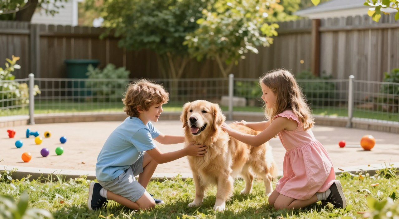A warm, sunny day in a clean backyard setting with two young children, a girl and a boy, playing safely with a friendly Golden Retriever. In the foreground, the children are kneeling, gently petting the dog, showcasing joyful interaction. The boy wears a light blue t-shirt and shorts, while the girl is in a pink dress. The middle ground features a safe, fenced area with colorful toys scattered around, emphasizing boundaries for play. In the background, lush greenery and a wooden fence create a serene atmosphere. Natural light filters through the trees, casting soft shadows, enhancing the calm and happy mood of this playful scene. The image captures a moment of supervision and affection, ensuring a focus on safe interactions. A warm, sunny day in a clean backyard setting with two young children, a girl and a boy, playing safely with a friendly Golden Retriever. In the foreground, the children are kneeling, gently petting the dog, showcasing joyful interaction. The boy wears a light blue t-shirt and shorts, while the girl is in a pink dress. The middle ground features a safe, fenced area with colorful toys scattered around, emphasizing boundaries for play. In the background, lush greenery and a wooden fence create a serene atmosphere. Natural light filters through the trees, casting soft shadows, enhancing the calm and happy mood of this playful scene. The image captures a moment of supervision and affection, ensuring a focus on safe interactions.