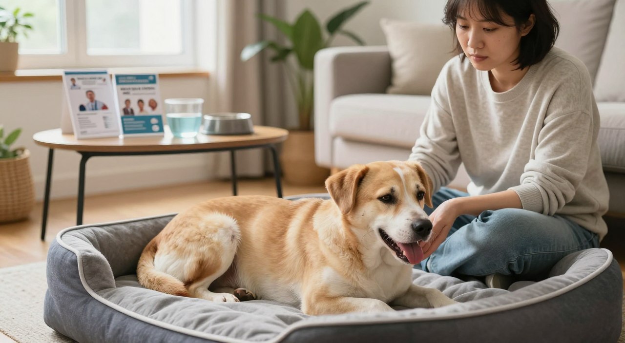 A calm, clean living room setting with soft, natural light streaming through a window. In the foreground, a real dog is lying comfortably on a cozy pet bed, looking relaxed but slightly panting, indicating mild breathing issues. Beside the dog, a concerned but gentle owner, dressed in modest casual clothing, is observing the dog's breathing. In the middle ground, there’s a small table with a few veterinary brochures and a bowl of water, suggesting preparation for a vet visit. The background features welcoming home elements like plants and soft furnishings, creating a soothing atmosphere. Capture this scene from a slightly elevated angle, focusing on the interaction between the dog and the owner, highlighting a sense of care and attention. A calm, clean living room setting with soft, natural light streaming through a window. In the foreground, a real dog is lying comfortably on a cozy pet bed, looking relaxed but slightly panting, indicating mild breathing issues. Beside the dog, a concerned but gentle owner, dressed in modest casual clothing, is observing the dog's breathing. In the middle ground, there’s a small table with a few veterinary brochures and a bowl of water, suggesting preparation for a vet visit. The background features welcoming home elements like plants and soft furnishings, creating a soothing atmosphere. Capture this scene from a slightly elevated angle, focusing on the interaction between the dog and the owner, highlighting a sense of care and attention.