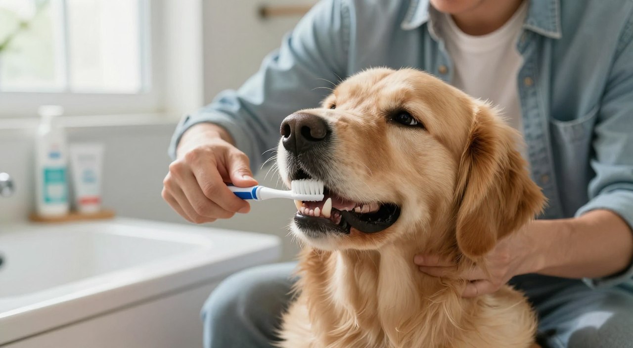 A close-up image of a skilled dog owner gently brushing their dog's teeth in a clean, well-lit bathroom. The owner, dressed in casual clothing, is using a dog-friendly toothbrush, showing a calm and focused demeanor. The dog, a friendly golden retriever, has its mouth slightly open, revealing its clean white teeth. In the background, soft natural light filters through a window, illuminating the relaxed atmosphere of the scene. The countertop is tidy, with dog dental care items artistically arranged, but no specific products are visible. The composition captures the importance of dental care while promoting a warm, caring bond between the owner and the dog. A close-up image of a skilled dog owner gently brushing their dog's teeth in a clean, well-lit bathroom. The owner, dressed in casual clothing, is using a dog-friendly toothbrush, showing a calm and focused demeanor. The dog, a friendly golden retriever, has its mouth slightly open, revealing its clean white teeth. In the background, soft natural light filters through a window, illuminating the relaxed atmosphere of the scene. The countertop is tidy, with dog dental care items artistically arranged, but no specific products are visible. The composition captures the importance of dental care while promoting a warm, caring bond between the owner and the dog.