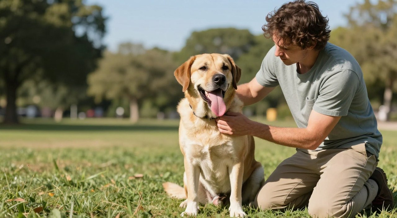 A concerned dog owner kneeling beside a large dog in a grassy park on a sunny day, gently examining the dog's condition. The foreground features the owner, dressed in modest casual clothing, showing concern while checking the dog's tongue and skin for signs of overheating. In the middle, the dog is panting heavily, with its tongue lolling out and droopy ears, conveying signs of heat stress. The background is a blurred view of trees and a clear blue sky, enhancing the calm yet serious mood. Natural sunlight casts soft shadows, creating a warm atmosphere, as the focus remains on the interaction between the owner and their pet, highlighting the importance of recognizing heatstroke symptoms in dogs.