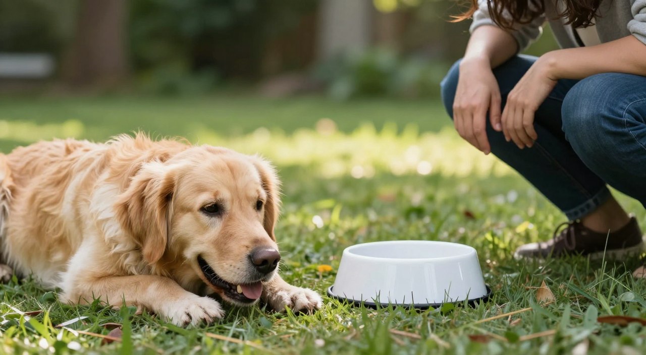 A concerned pet owner is observing their dehydrated dog in a clean, natural outdoor setting. In the foreground, the dog—a medium-sized golden retriever—appears lethargic, panting slightly with droopy eyes, showing visible signs of dehydration. In the middle ground, a bright water bowl sits empty, emphasizing the dog's need for hydration. Soft, natural lighting creates a warm atmosphere, casting gentle shadows on the grass. In the background, lush greenery adds a serene, calm mood, hinting at the natural environment for outdoor playtime. The composition focuses on the dog's condition, highlighting the importance of hydration without distractions, capturing an emotional connection between the pet and owner in this poignant moment. A concerned pet owner is observing their dehydrated dog in a clean, natural outdoor setting. In the foreground, the dog—a medium-sized golden retriever—appears lethargic, panting slightly with droopy eyes, showing visible signs of dehydration. In the middle ground, a bright water bowl sits empty, emphasizing the dog's need for hydration. Soft, natural lighting creates a warm atmosphere, casting gentle shadows on the grass. In the background, lush greenery adds a serene, calm mood, hinting at the natural environment for outdoor playtime. The composition focuses on the dog's condition, highlighting the importance of hydration without distractions, capturing an emotional connection between the pet and owner in this poignant moment.