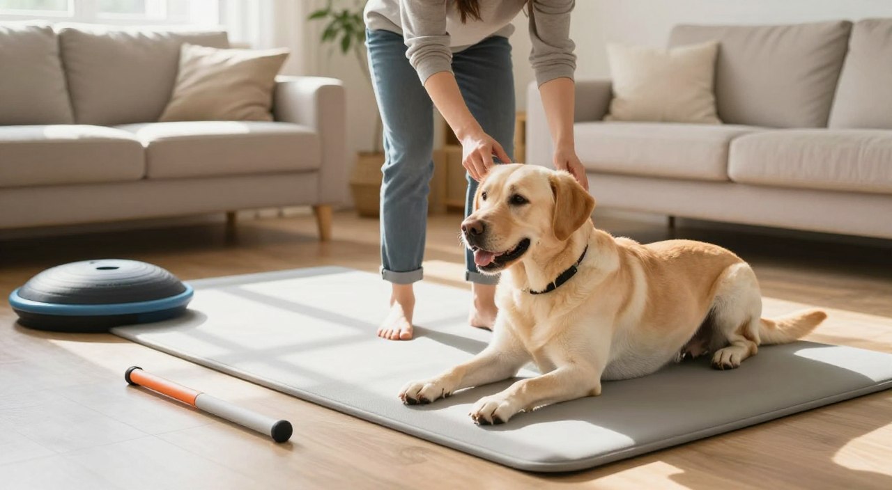 A cozy, well-lit living room setting featuring an assortment of safe home exercises for maintaining dog joint health. In the foreground, a happy medium-sized dog, like a Labrador, is gently stretching beside a soft mat. A few small props like a balance cushion and low-lying hurdles are scattered around. In the middle, a caregiver, dressed in modest casual clothing, is guiding the dog through a simple exercise routine, demonstrating a calm and supportive interaction. The background shows a clean, warm environment with sunlight streaming in through a window, creating a serene atmosphere. The overall mood is encouraging and peaceful, emphasizing the bond between the dog and its caregiver in a safe, nurturing space that promotes wellness.