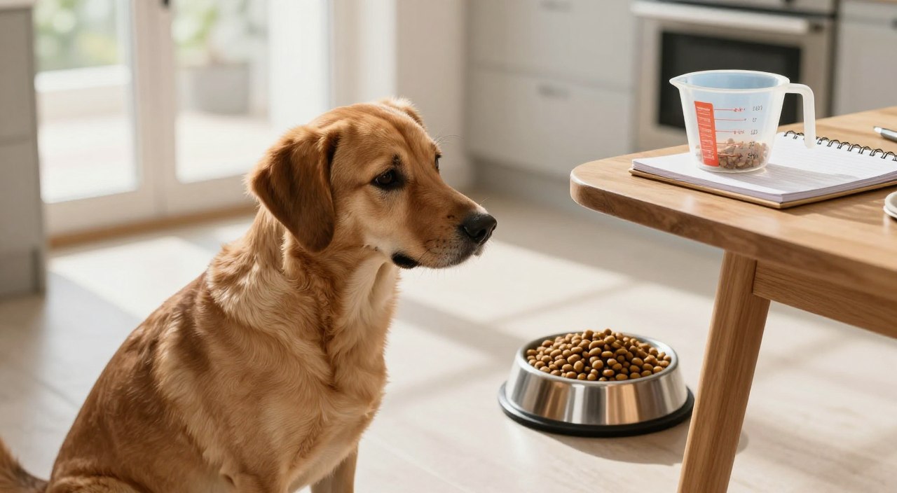 A friendly dog sitting on a clean, well-lit kitchen floor, intently looking at a bowl of kibble filled with balanced portions for weight loss. In the background, a measuring cup and a small notepad with markings for calorie calculations are placed on a wooden table, symbolizing the dietary process. The atmosphere is calm and inviting, with soft natural lighting streaming in through a nearby window, creating a warm glow. The dog's fur is shiny and healthy, conveying vitality, while the overall color palette features earthy tones. The image should capture the essence of health and care, focusing on helping dogs achieve a healthy weight without exaggeration or distractions.