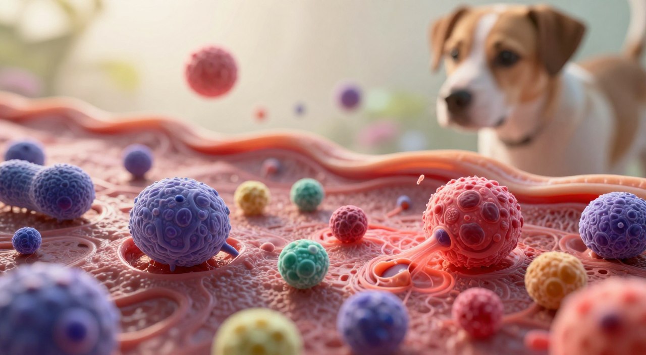 A highly detailed illustration of canine immune cells in action amidst inflammation, depicted under natural light in a clean, serene setting. In the foreground, vibrant, colorful immune cells like lymphocytes and macrophages are shown actively engaging with inflamed tissue, embellished with subtle textures to represent cellular structures. The middle ground features a representation of inflamed tissue, realistically detailed with shades of red and purple to indicate swelling. The background consists of softly blurred, natural elements to evoke a calm atmosphere, suggesting a healthy environment. The lighting should be warm and gentle, capturing a sense of hope and vitality in the overall composition. The image should be devoid of any text, labels, or distractions, focusing solely on the intricate dynamics of the canine immune system. A highly detailed illustration of canine immune cells in action amidst inflammation, depicted under natural light in a clean, serene setting. In the foreground, vibrant, colorful immune cells like lymphocytes and macrophages are shown actively engaging with inflamed tissue, embellished with subtle textures to represent cellular structures. The middle ground features a representation of inflamed tissue, realistically detailed with shades of red and purple to indicate swelling. The background consists of softly blurred, natural elements to evoke a calm atmosphere, suggesting a healthy environment. The lighting should be warm and gentle, capturing a sense of hope and vitality in the overall composition. The image should be devoid of any text, labels, or distractions, focusing solely on the intricate dynamics of the canine immune system.