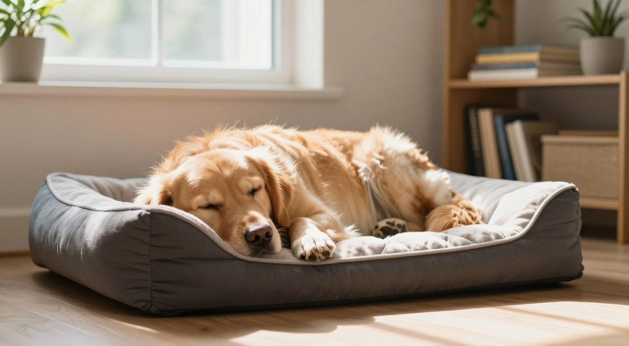 A peaceful scene in a cozy living room featuring a relaxed golden retriever lying on a soft, plush dog bed. The dog appears calm with its eyes gently closed, surrounded by soft sunlight streaming through a nearby window, creating a warm and inviting atmosphere. In the background, shelves are lined with books and plants, adding to the tranquil environment. Light wood flooring complements the soft color palette, enhancing the serene feel of the space. The image is captured with a slightly blurred background to focus on the dog, emphasizing the mood of relaxation. This scene reflects natural remedies for easing anxiety, showcasing a comforting space for dogs.