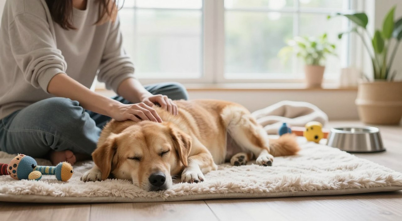 A serene indoor scene featuring a calming dog environment. In the foreground, a gentle, medium-sized dog lies comfortably on a soft, plush mat, eyes peacefully closed. A human figure, dressed in modest casual clothing, sits nearby, gently stroking the dog’s back, creating a reassuring presence. The middle ground showcases various calming items like a cozy blanket, a few toys, and a water bowl, arranged neatly. In the background, large windows allow soft, natural light to fill the room, illuminating houseplants and a few decorative elements, enhancing the tranquil atmosphere. The overall mood is peaceful and nurturing, perfectly illustrating practical techniques for calming dogs naturally in a clean, uncluttered setting.