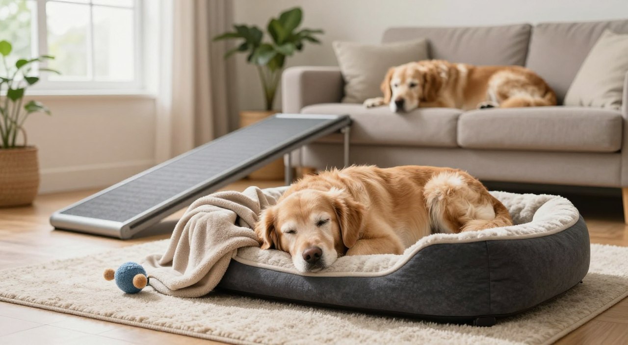 A serene living room scene featuring a calm, elderly dog resting comfortably on a plush orthopedic dog bed, surrounded by soft blankets and gentle toys. The foreground shows the dog, a golden retriever, with its eyes closed, radiating peace and comfort. In the middle, a cozy rug covers the wooden floor, and a supportive ramp leads to a low couch where another dog is lounging, symbolizing accessibility. The background features warm, natural lighting streaming through large windows adorned with light curtains, creating a welcoming atmosphere. Potted plants add a touch of greenery, further enhancing the tranquility of this supportive environment for arthritic dogs. The overall mood is nurturing and peaceful, ideal for promoting a comforting space for pets in need of care.